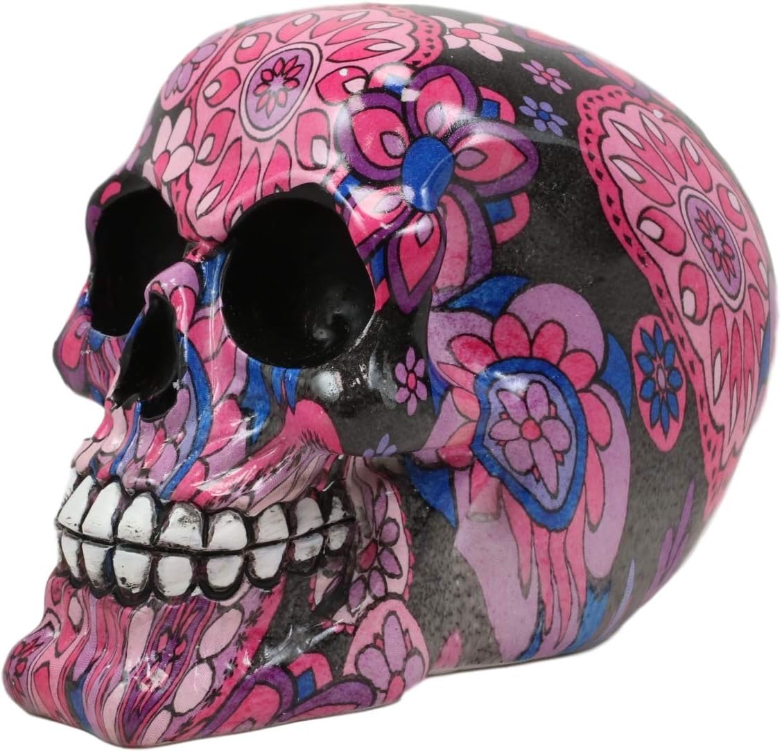 Ebros Gift Day of The Dead Fuschia Pink Metronome Floral Tattoo Sugar Skull Statue As Decorative Halloween Prop Gothic Haunted Themed Skeleton Cranium Figurine