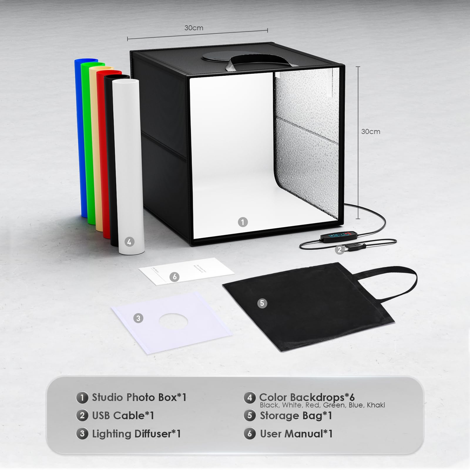 Light Box Fotografico Set,VAYOTOY Luminosa per Studio Fotografico Portatile, Tenda Fotografica Pieghevole Portatile Box Fot 120 Luci LED Fimmerabili,6 Sfondi Colorati Adatto (30×30×30 CM)