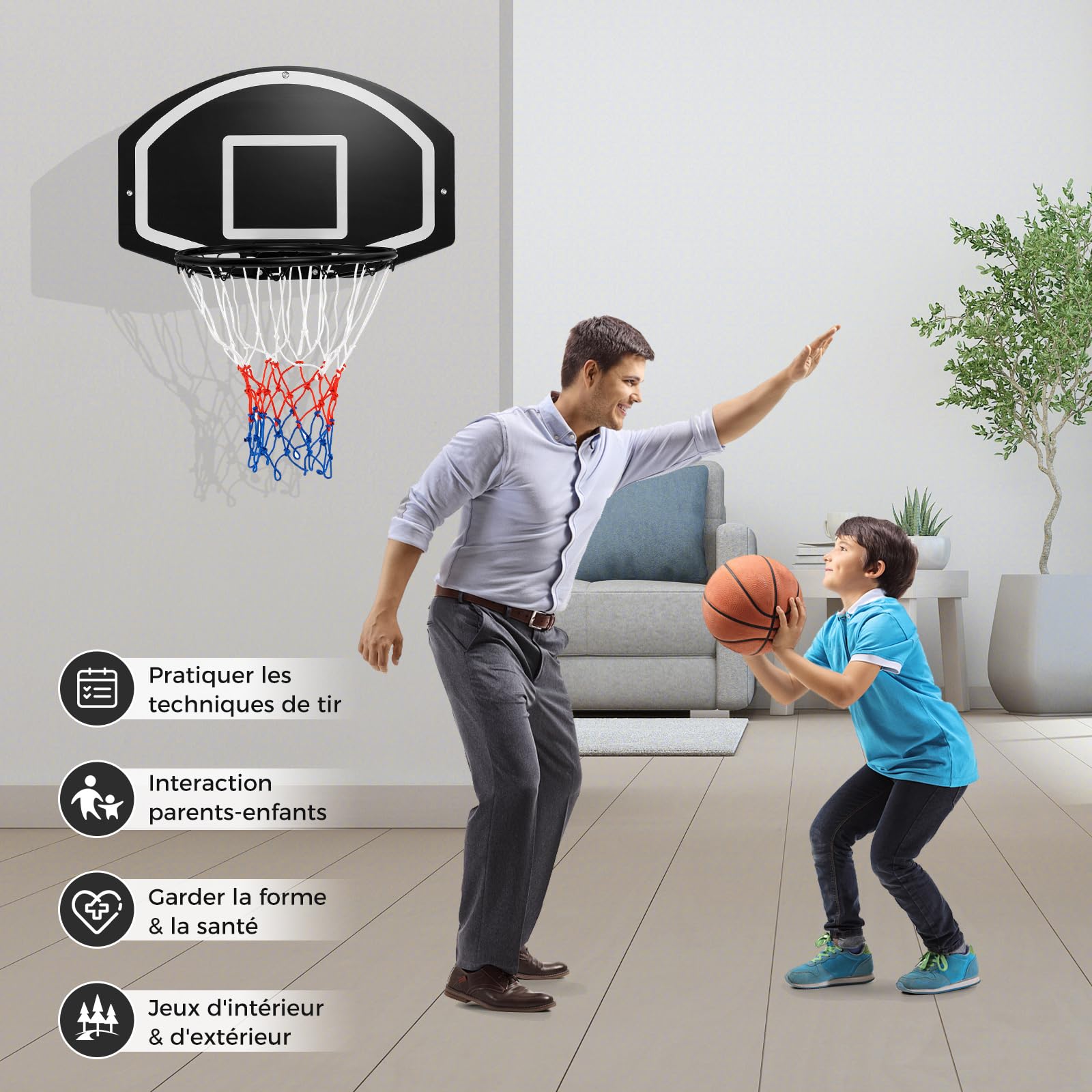 COSTWAY Panier de Basket Mural 43 cm avec Panneau Incassable, Panier Basket-Ball avec Filet Toutes Saisons Accessoires Complets, pour Enfants Adolescents Adultes, 72 x 45,5 cm, Noir+Blanc