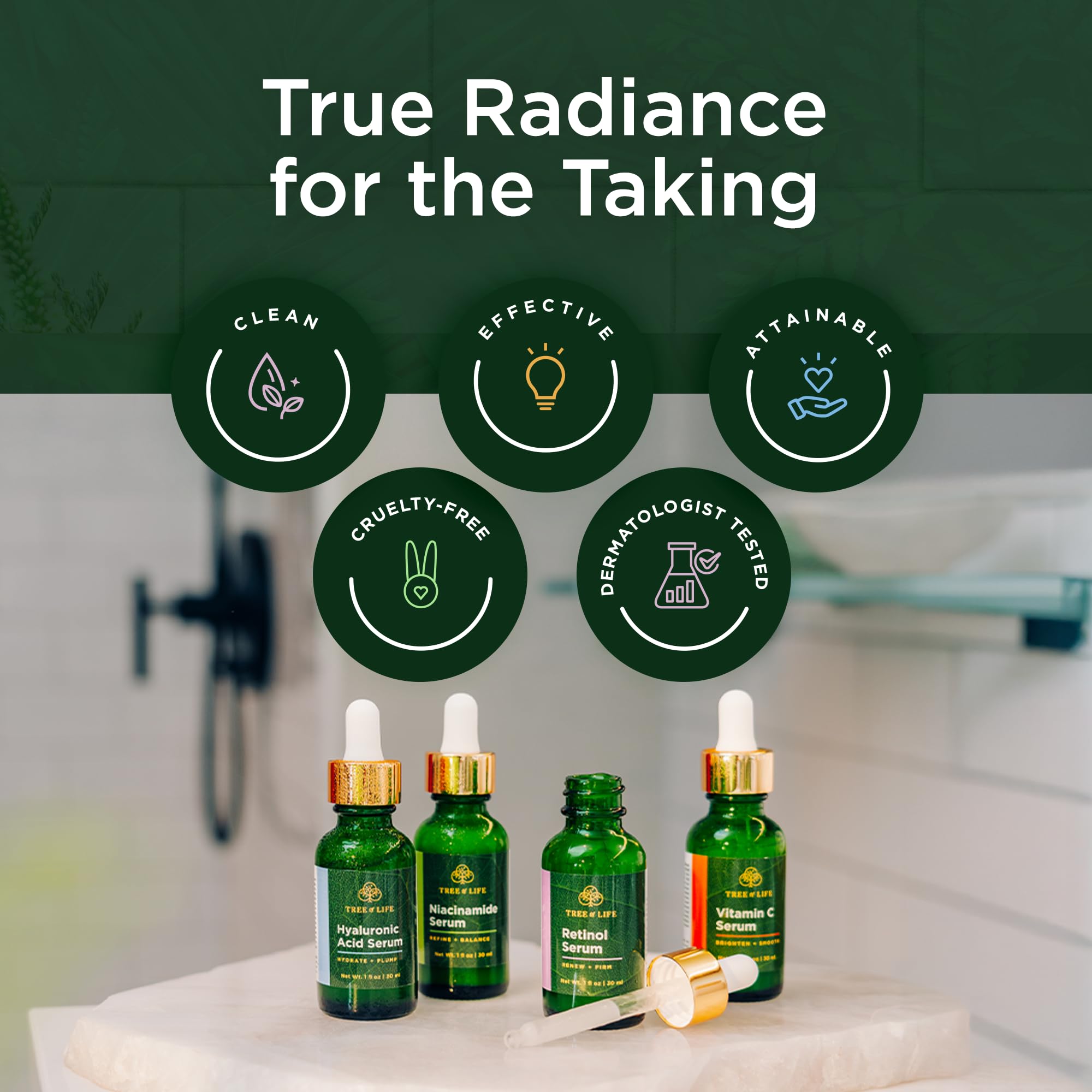 Tree of Life Beauty - Juego de cuidado facial de la piel, sueros faciales iluminadores, reafirmantes e hidratantes para pieles sensibles, niacinamida, vitamina C, retinol y ácido hialurónico, probado