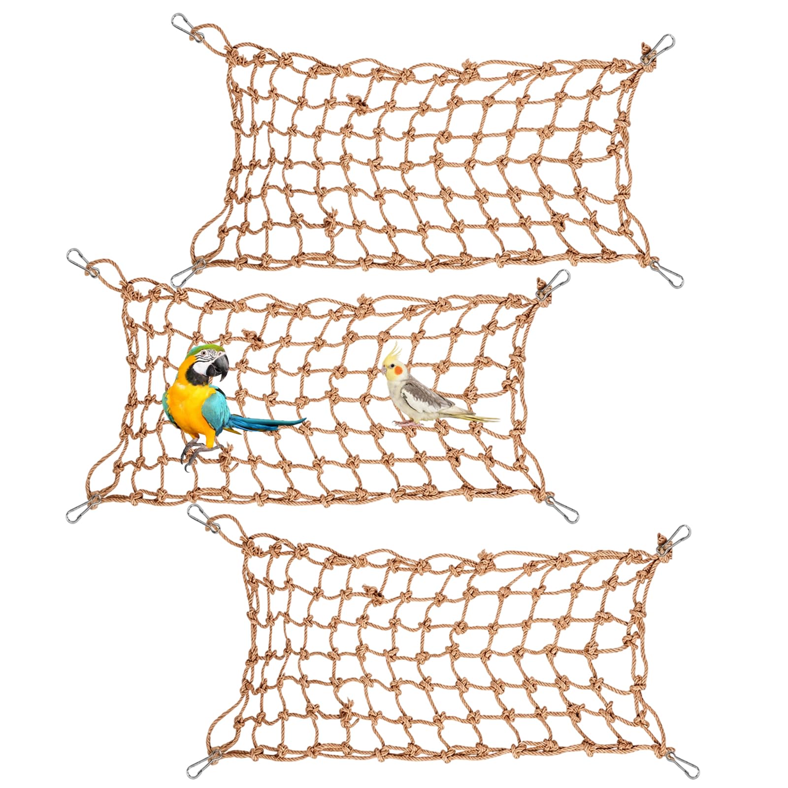 3 Piece Climbing Rope Nets, 30x20cm Rat Hammock, Rat Cage Accessories, Small Animal Cage Hammocks, Bird Cage Accessories with Installation Hooks, Daily Enrichment Activity for Parrots and Small Pets