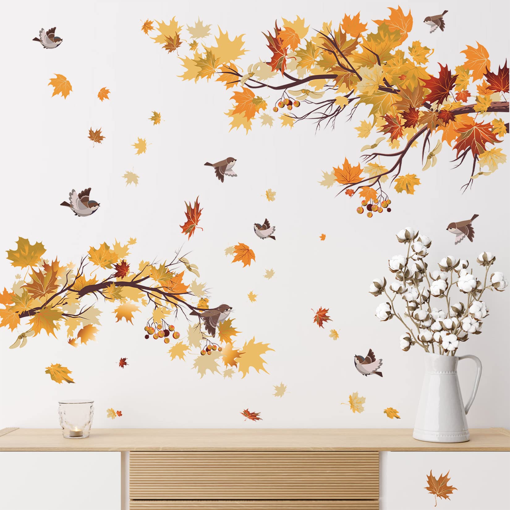 TOARTi Autumn Leaves Wall Stickers for Living Room Fall Season Maple Yellow Leaves Wall Decals,Thanksgiving Birds Autumn Tree Branch Leaf for Bedroom Window Decoration(36 pcs) - Image 4