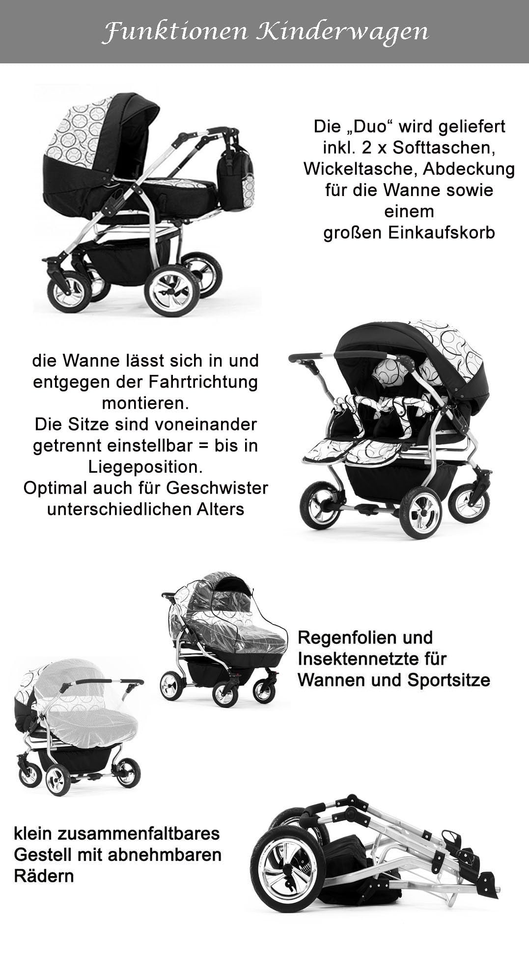 Zwillingskinderwagen 2 in 1 Duo Twin inkl. Sportsitze - 11 Teile - in 20 Farben