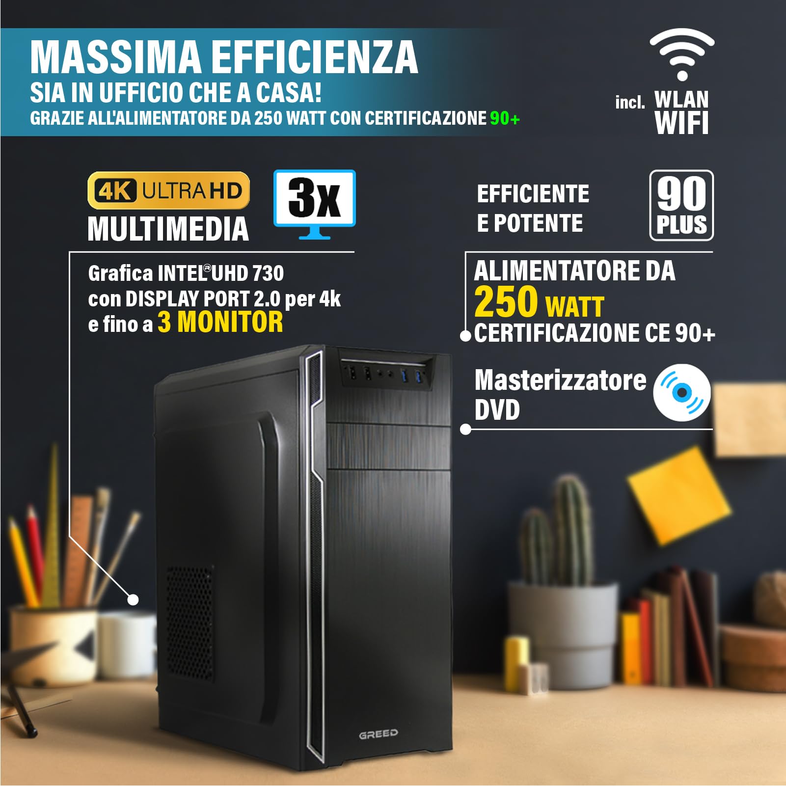 GREED® Intel Core 12th Gen Multimedia PC fisso - Desktop veloce per ufficio e casa - Computer con 4,0 GHZ - 16GB RAM - Disco da 240GB SSD + 1TB HDD - DVD+RW - USB3.0 - WLAN - incl. Windows 11 Pro