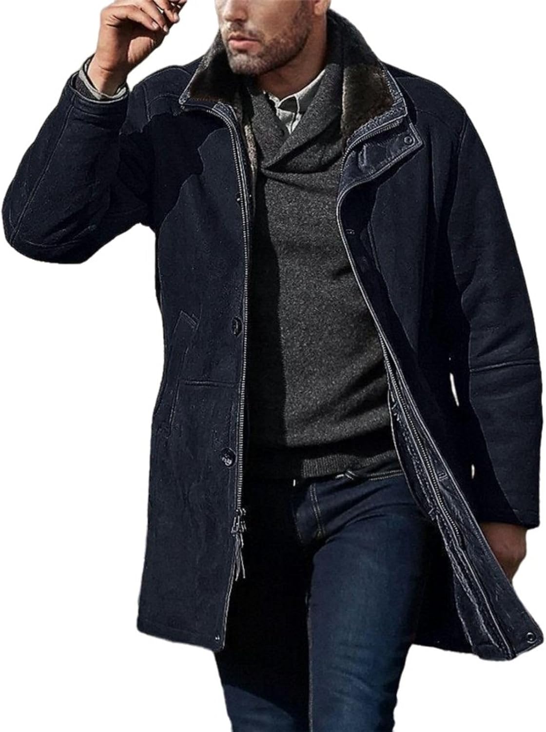 Men's Full-Zip Fleece Jacket Vintage Suede Winter Coat Windproof Trench Coats Warm Casual Outwear for Outdoor Work