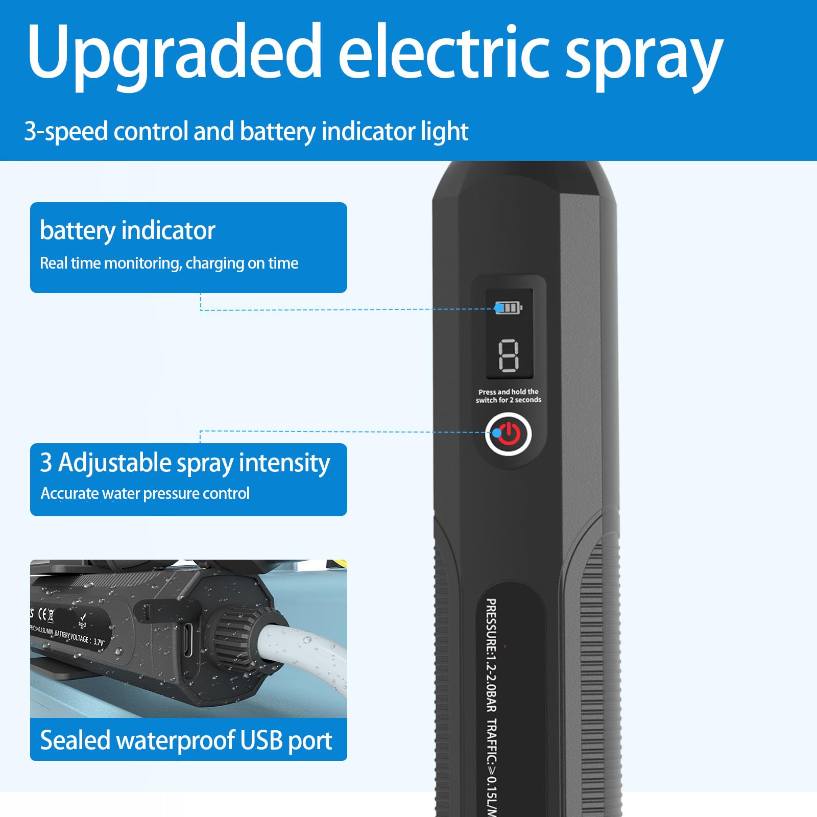 Spruzzatore da Giardino a Batteria Ricaricabile Tramite USB 2200mAh Funzione Automatica Continua Spruzzi per irrigazione dal Design Confortevole con Impugnatura