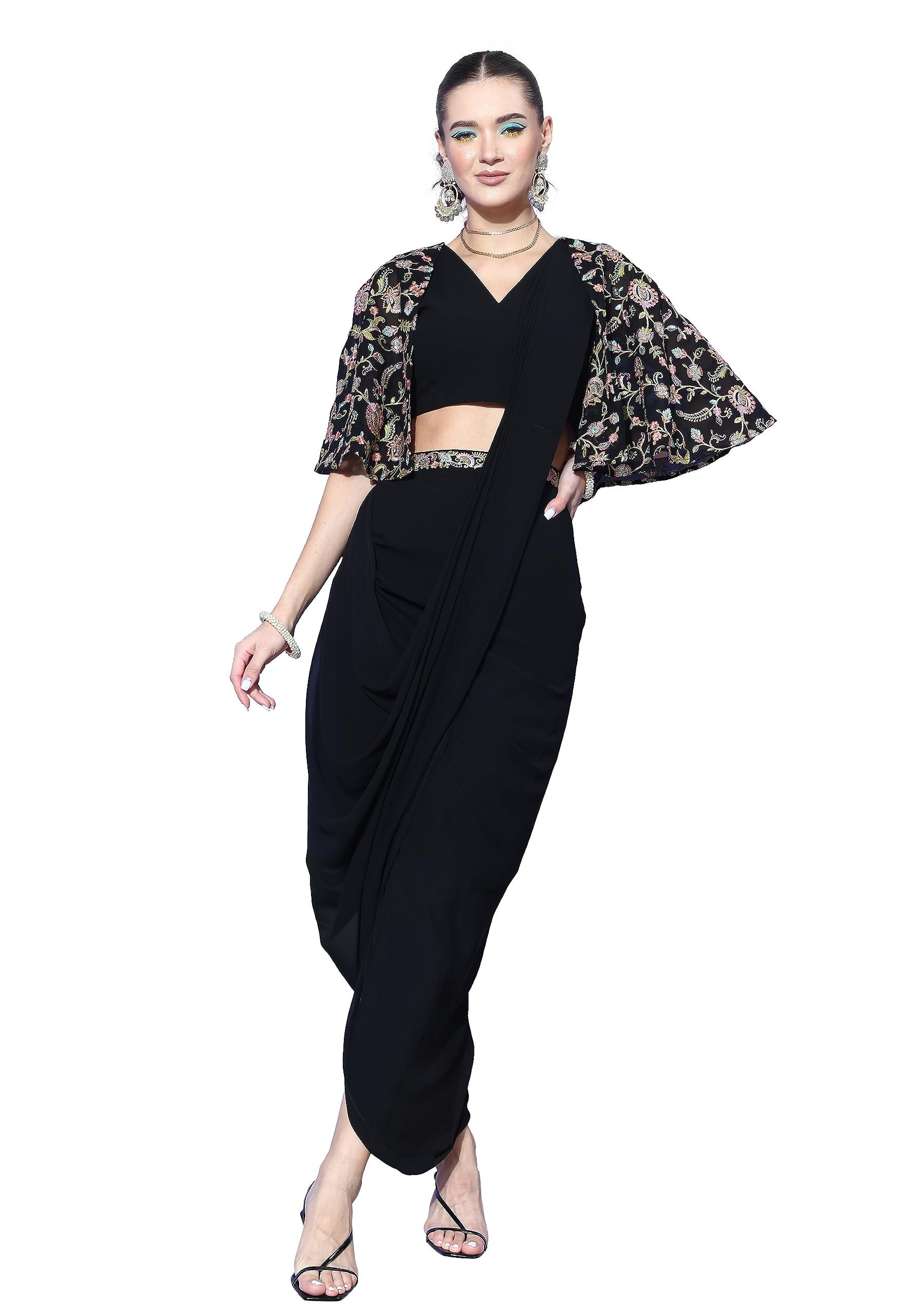 LYMI LABELFusion Set For Women - Georgette Solid Embroidered Top Dhoti Jacket Attached Set For Festival, Navratri, Fusion Wear