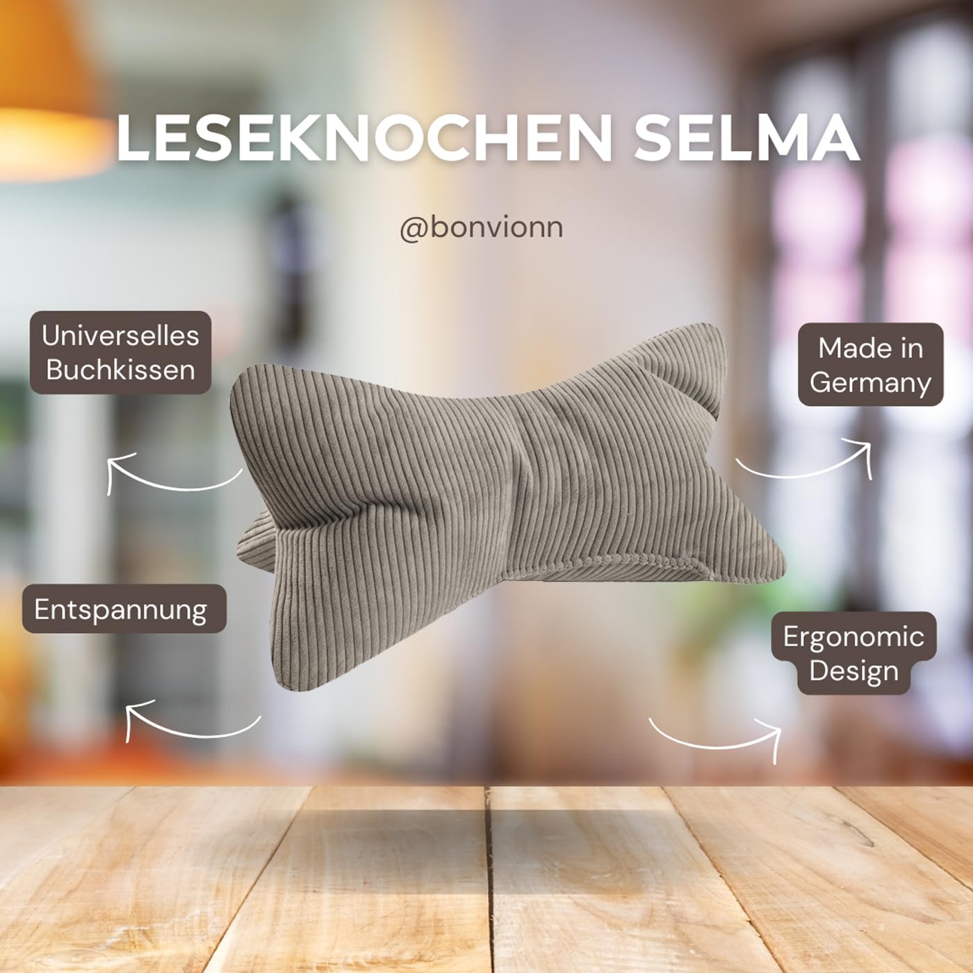 Leseknochen Selma Cord Look ergonomische Form für Nacken- oder Lendenstütze Flexible Stütze für Bücher, E-Books oder Tablets (Grau)