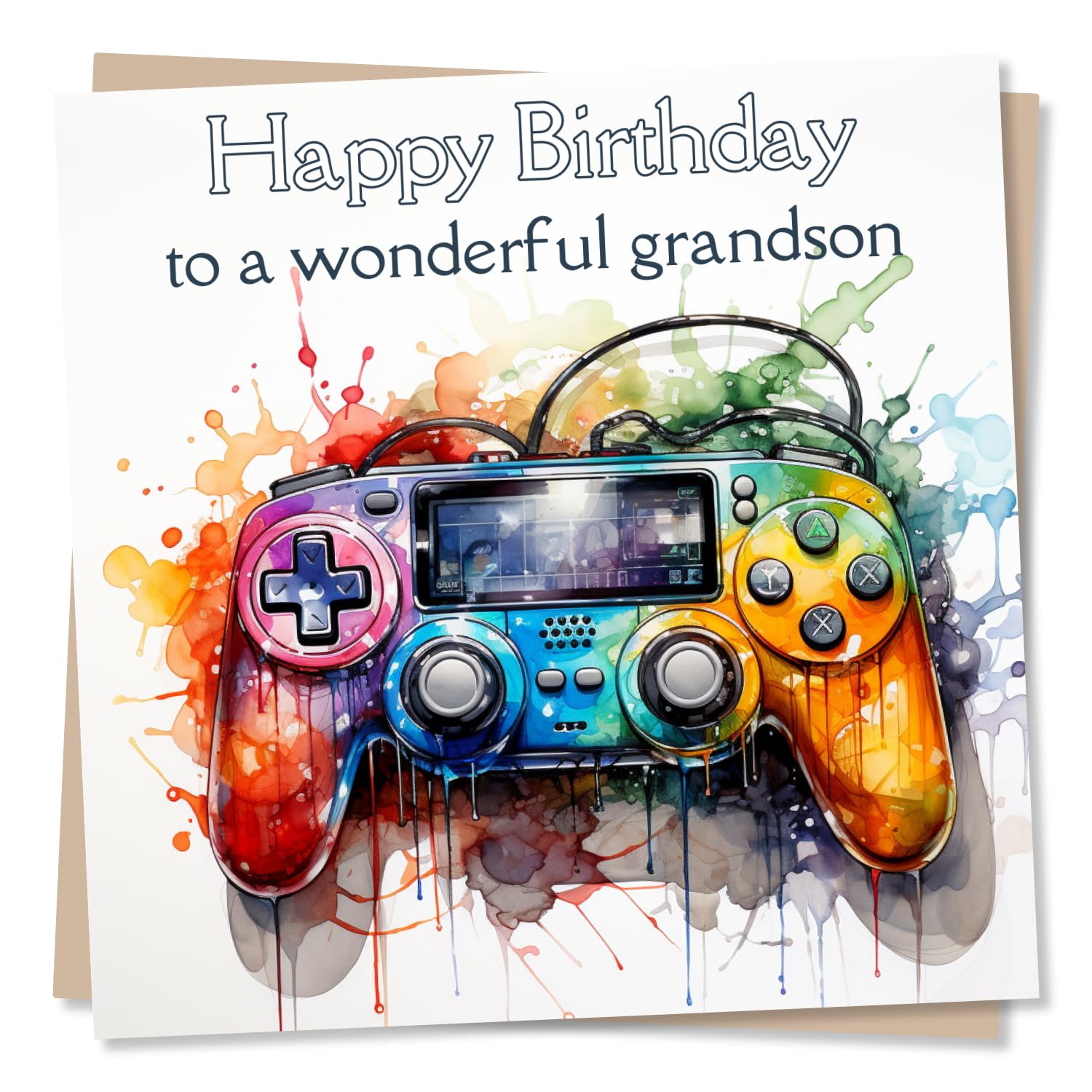 Nokular Birthday Greeting Card for Gamer Grandson – Colourful Controller Design – Blank Inside (135 x 135 mm) – Made in UK – With Envelope