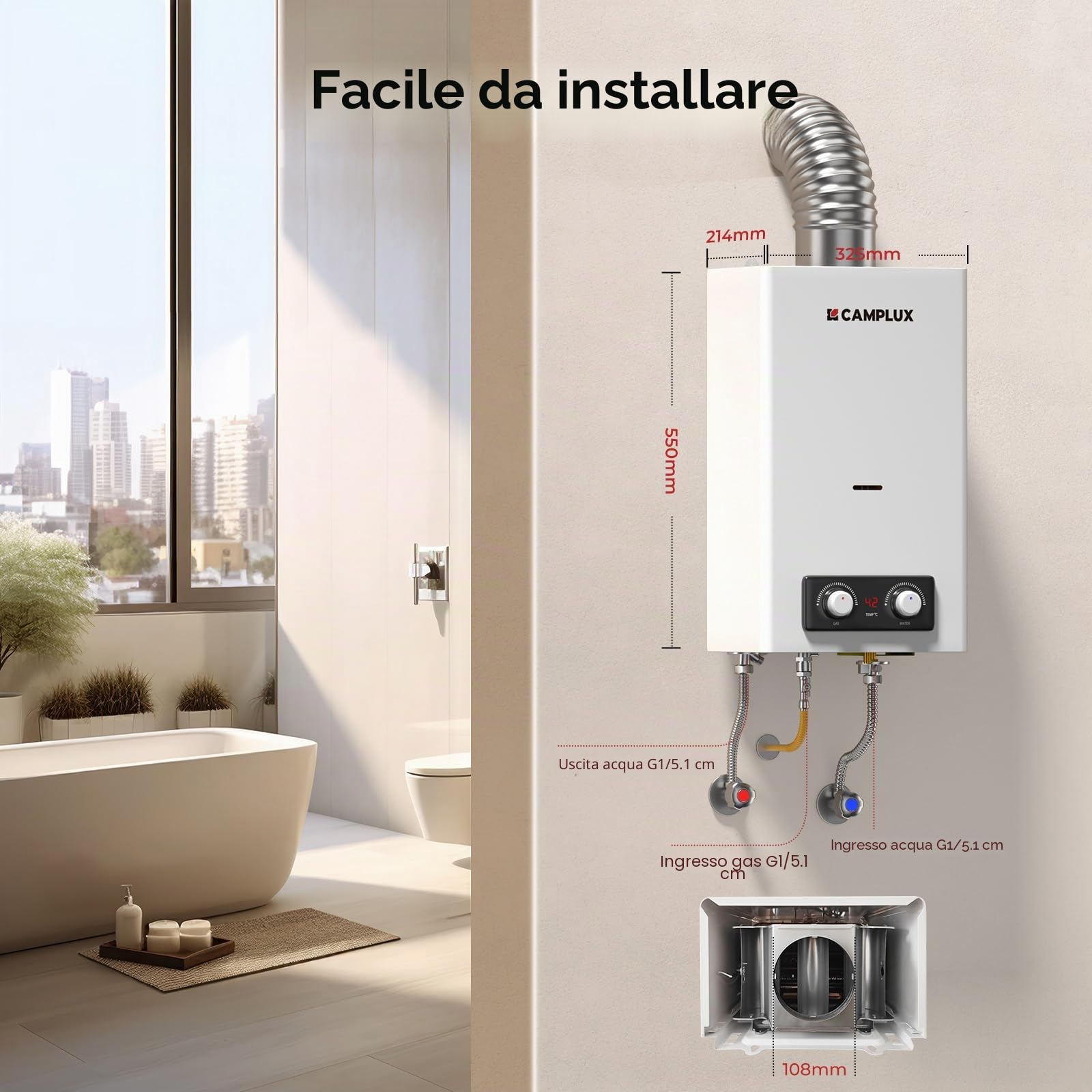 CAMPLUX BD300NG Scaldabagno a Gas 11 Litri, ErP/Low NOx, a Metano, 20mbar, 22kW, 3V, Bianco