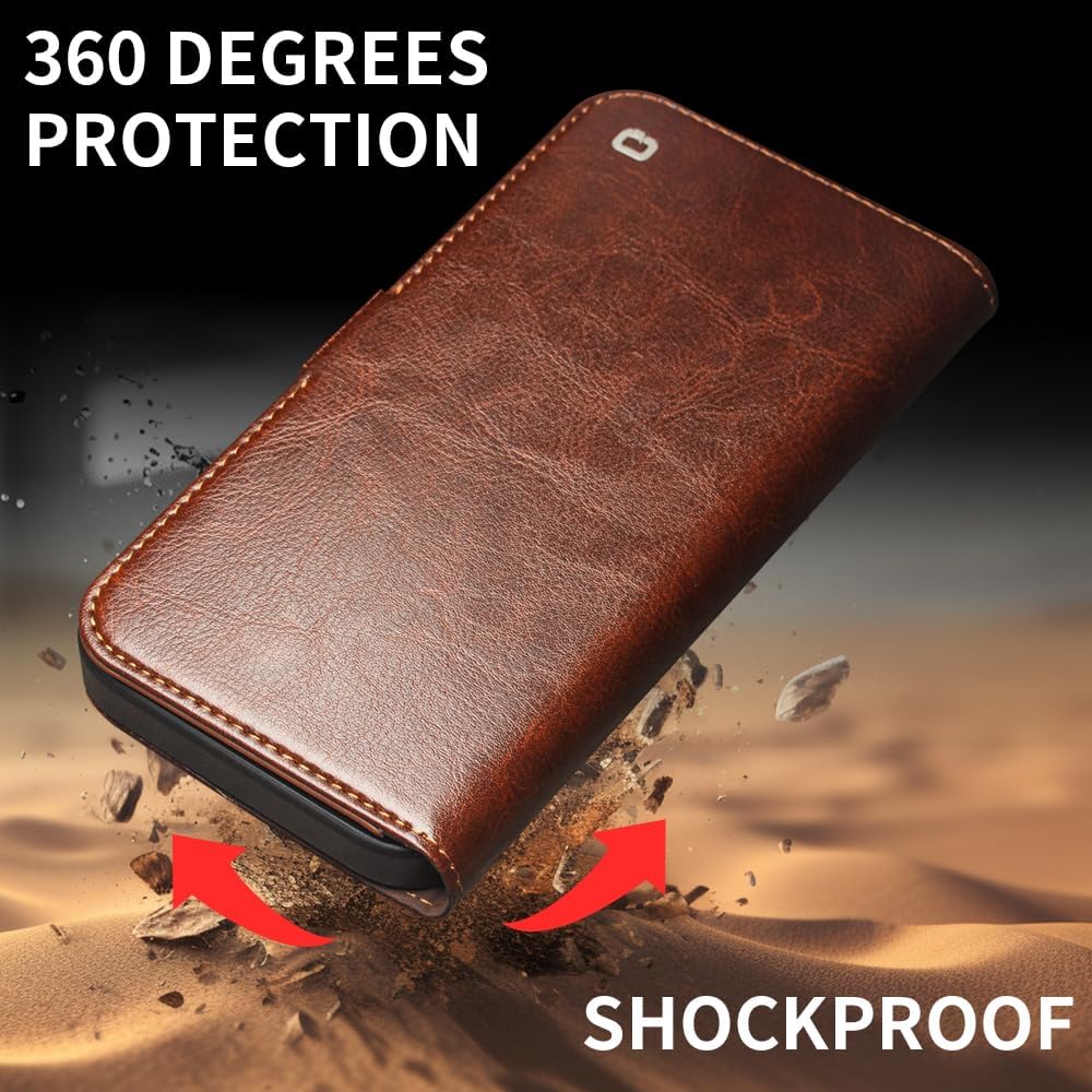 Case for iPhone 17 Genuine Leather Slim Card Slot Holder Holster Sleeve Bracket Corner Protection Magnetic Buckle Luxury Wallet Case for iPhone 17 (Brown1, 6.3 inch)
