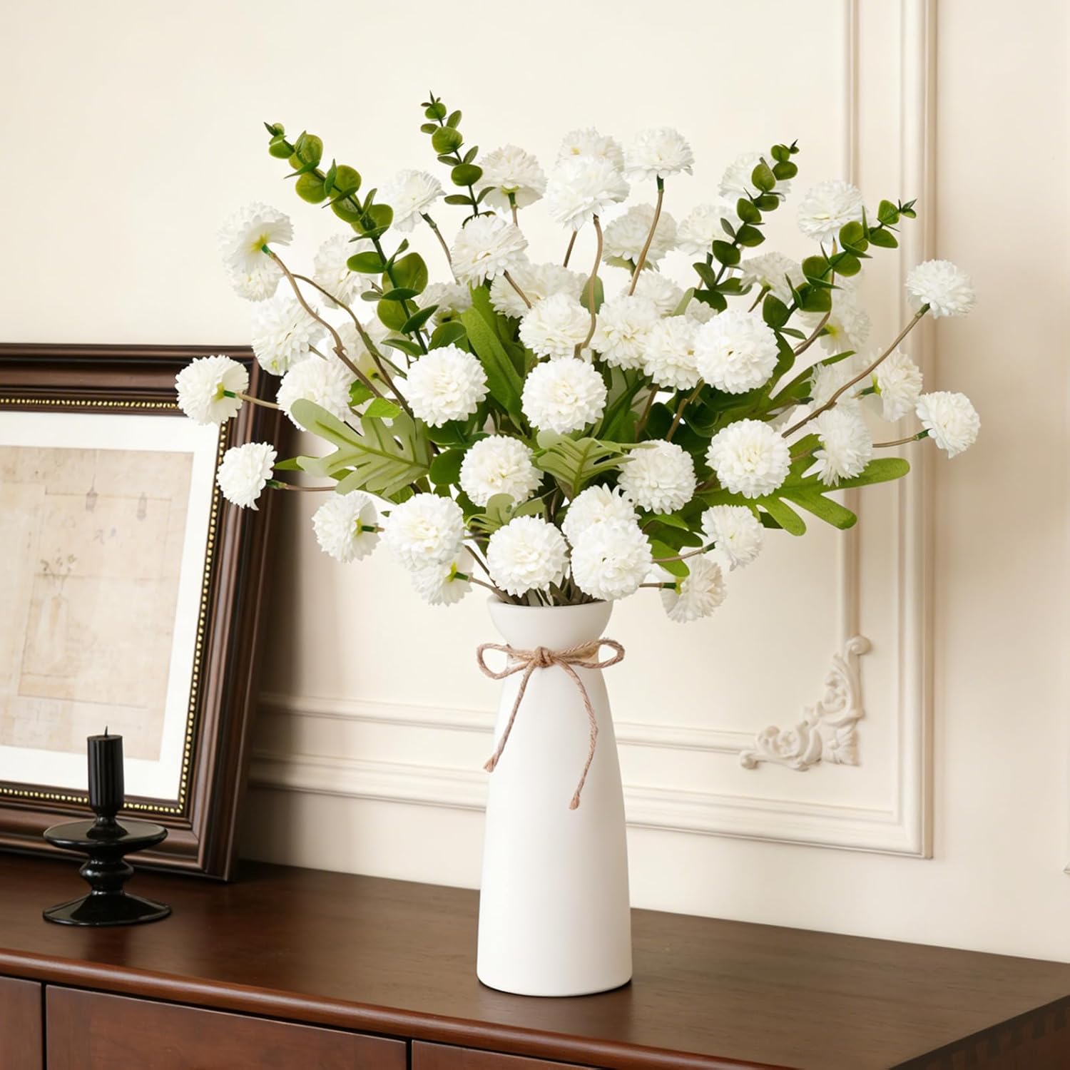 12pcs White Artificial Flowers with White Ceramic Vase Included,Fake Flowers in Vase,Table Centerpieces for Dining Room Eucalyptus Faux Chrysanthemum Mums Silk Flowers Floral Arrangements Home Decor