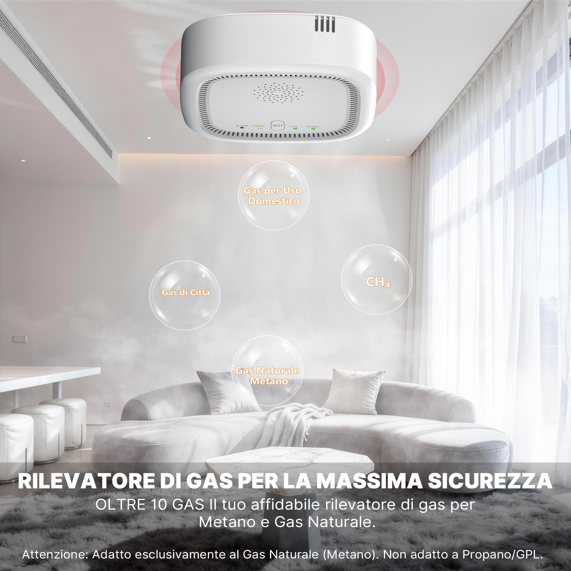 Rilevatore di Gas 100% a Batteria, Rileva Gas Naturale e Metano, Allarme Acustico e Visivo per Casa e Camper (Batteria Inclusa)
