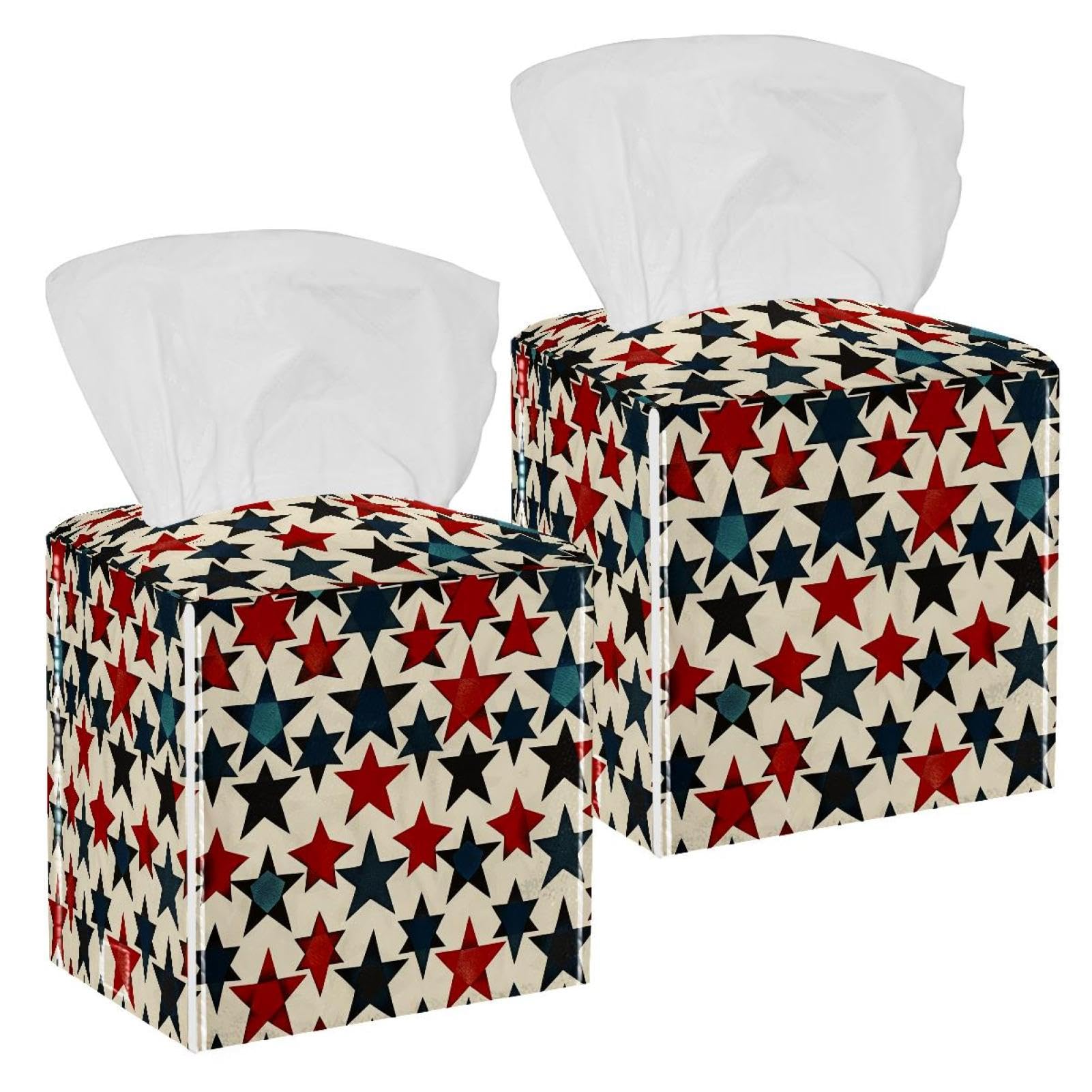 American Stars Pattern Tissue Box Cover, 2 Pack PU Leather Square Facial Tissue Dispenser Box holder for Home Office Car