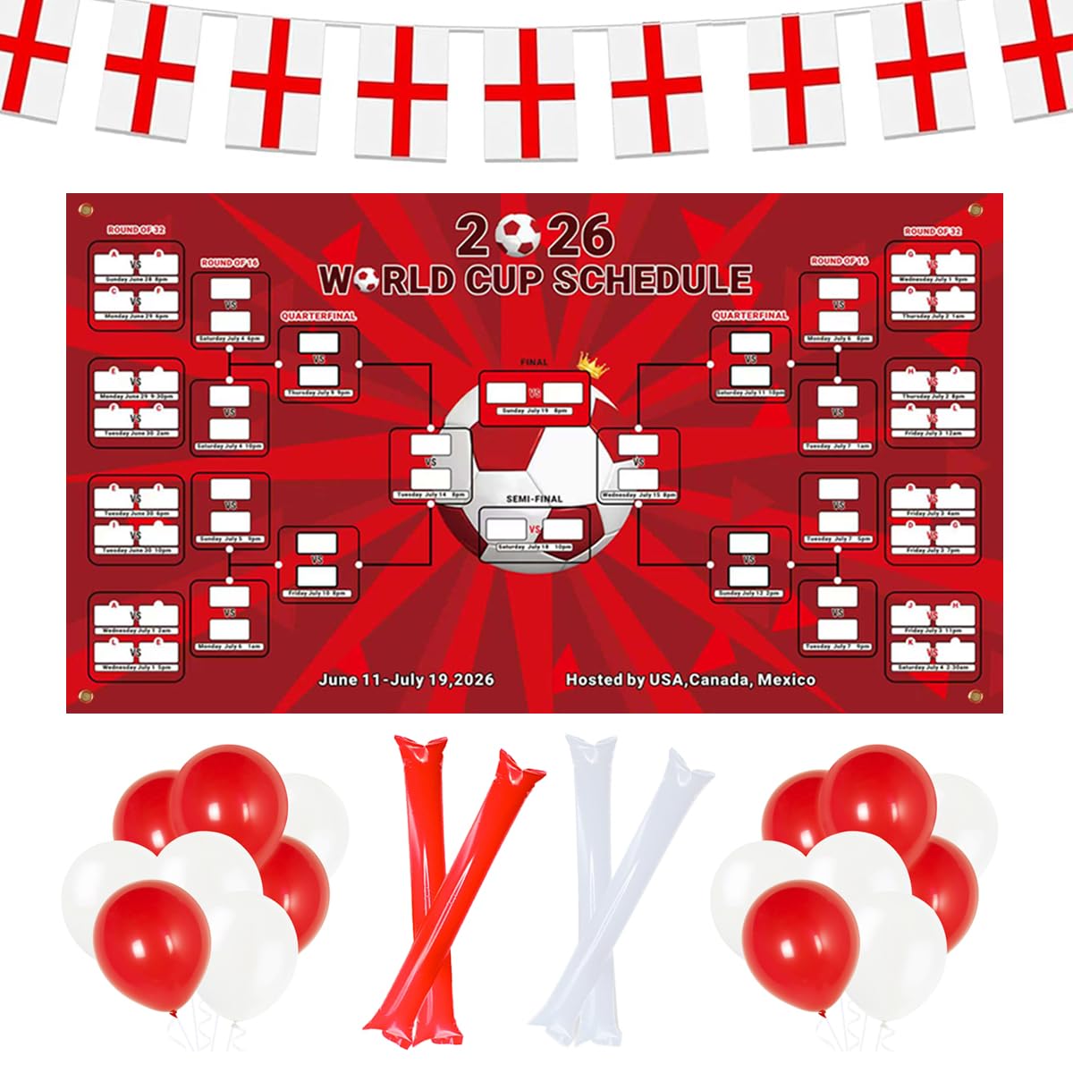 World Cup Wall Chart 2026 150 x 90cm World Cup Party Decoration Set with Balloons Cheering Sticks England St George Bunting England Tattoo Stickers for Match England Theme Party Indoor Outdoor