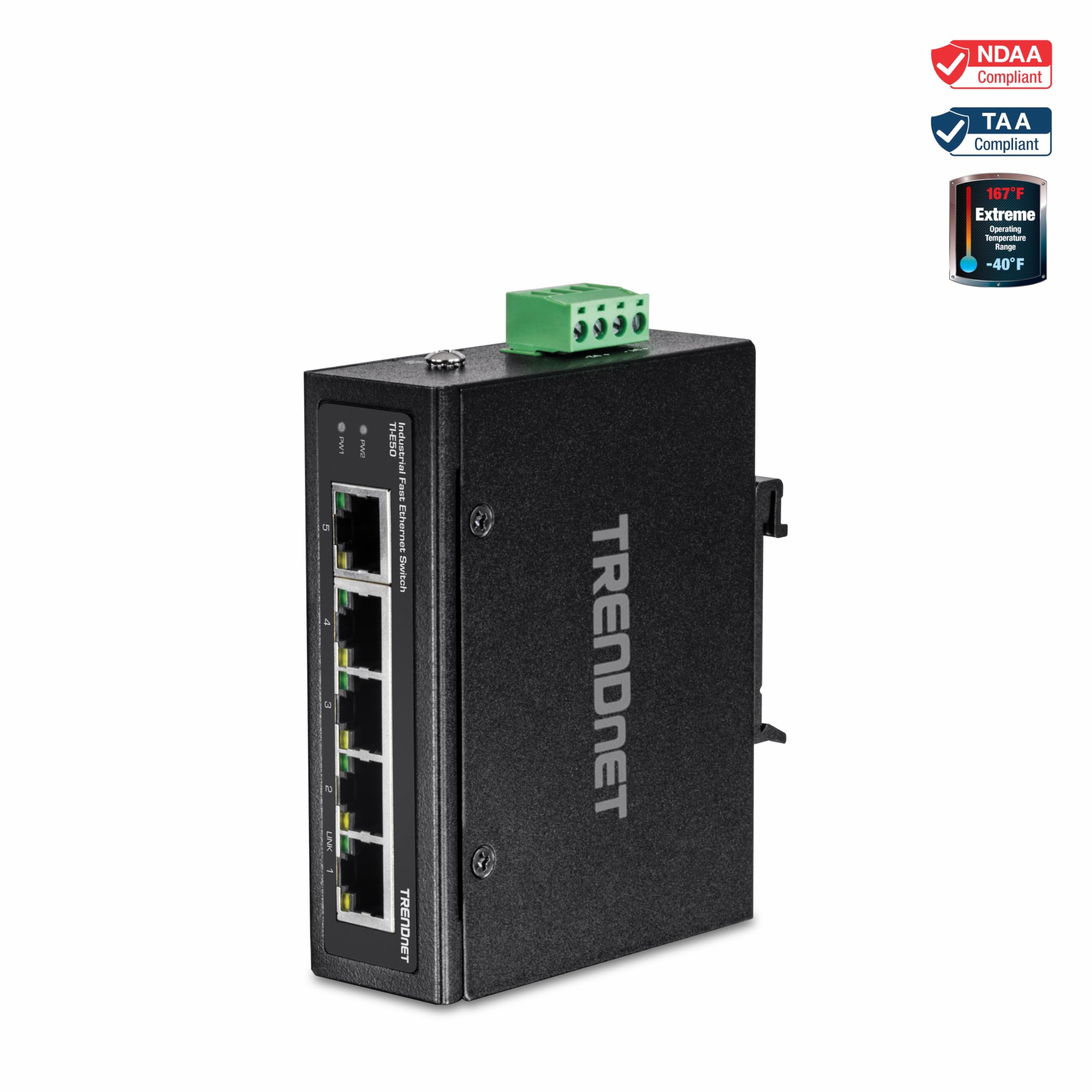 TRENDnet, TI-E50, Switch Industrial DIN-Rail Fast Ethernet de 5 Puertos, clasificación IP50, Rango de Temperatura Extrema, Capacidad de conmutación de 1 Gbps