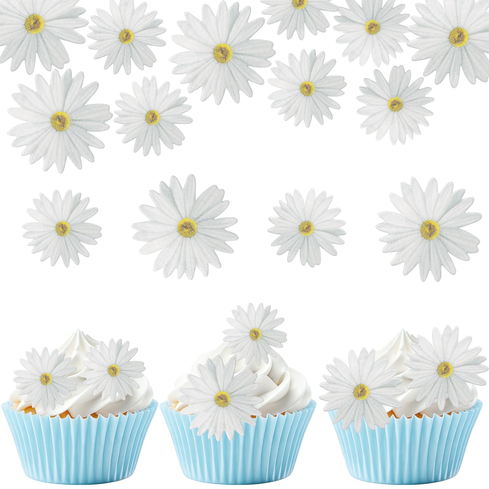ALLAVA 65 Pcs Daisy Cupcake Toppers, Edible Flowers for Cakes, White Daisy Cupcake Decorations, Edible Flowers Cake Decorations 2 Size, Wafer Paper Cake Toppers for Wedding, Birthday, Anniversary — image 1