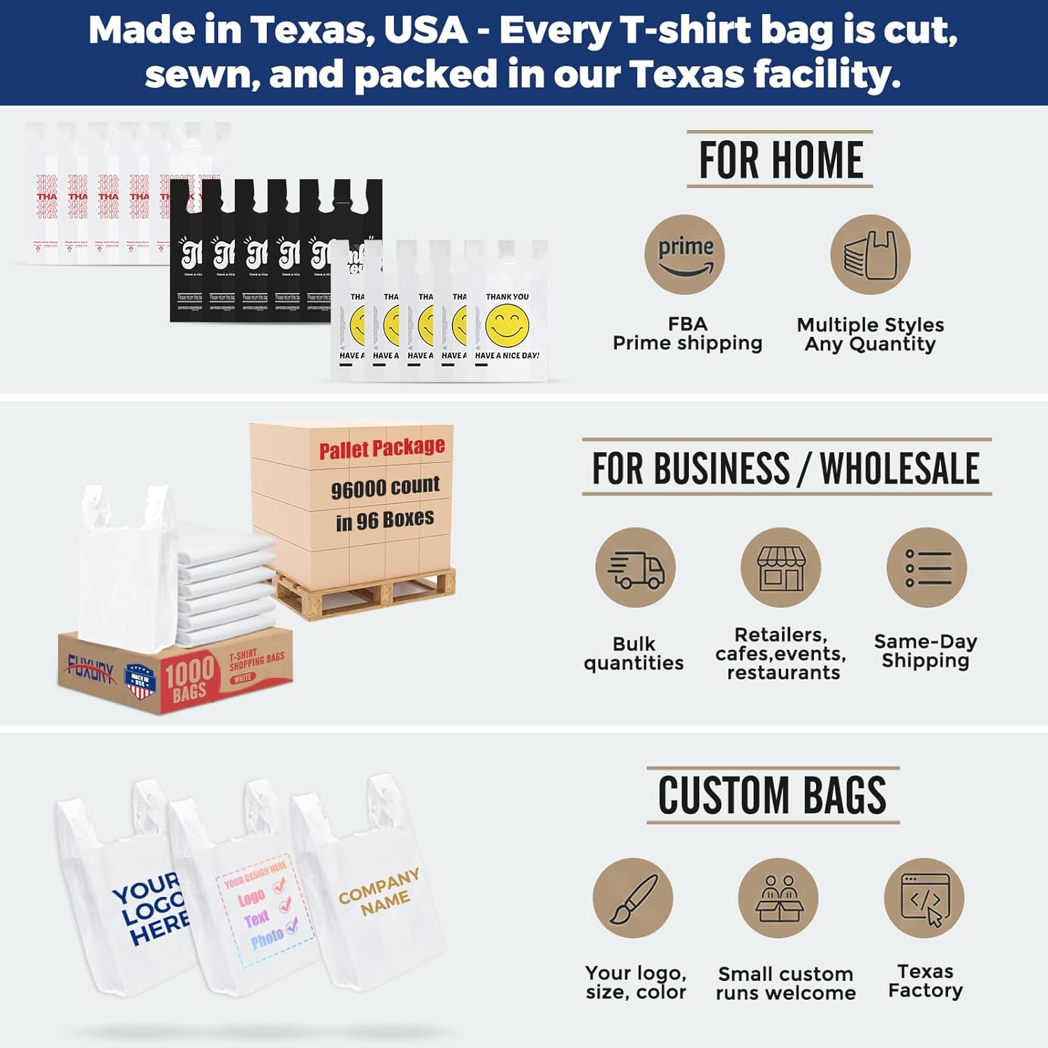 Fuxury Customize Plastic T-shirt Bags 192000 Count (192 Boxes,1000 Count/box) 2 Pallet Package for Small Business, Grocery, Take Out, To Go, Retail Shopping Thank You Bags in Bulk