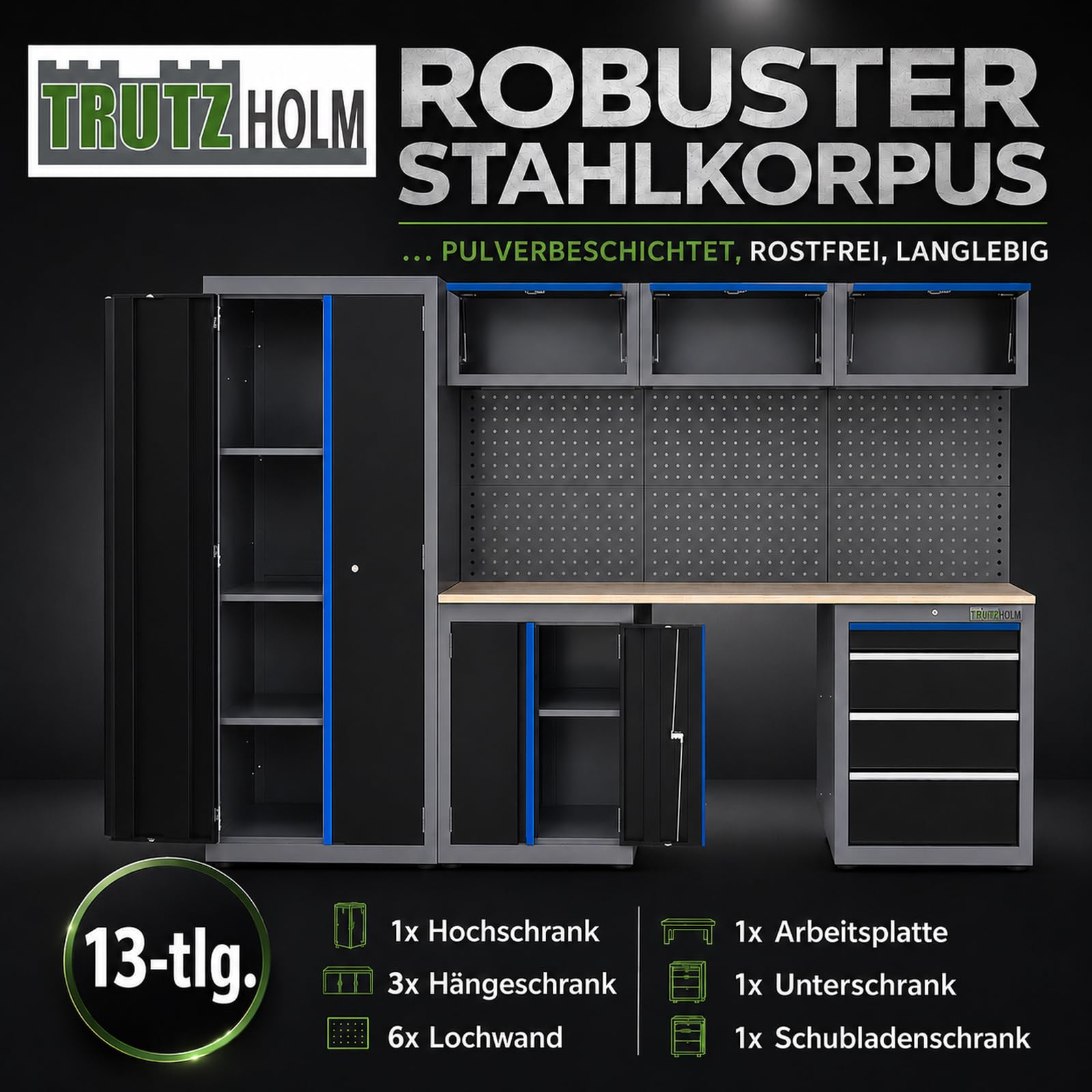 TRUTZHOLM Werkstattwand 13 tlg. aus Stahl 260 x 183 cm modulares Werkstattschranksystem flexibel stellbar & abschließbar mit Holzarbeitsplatte Hochschrank Schubladen Lochwand für Werkstattorganisation