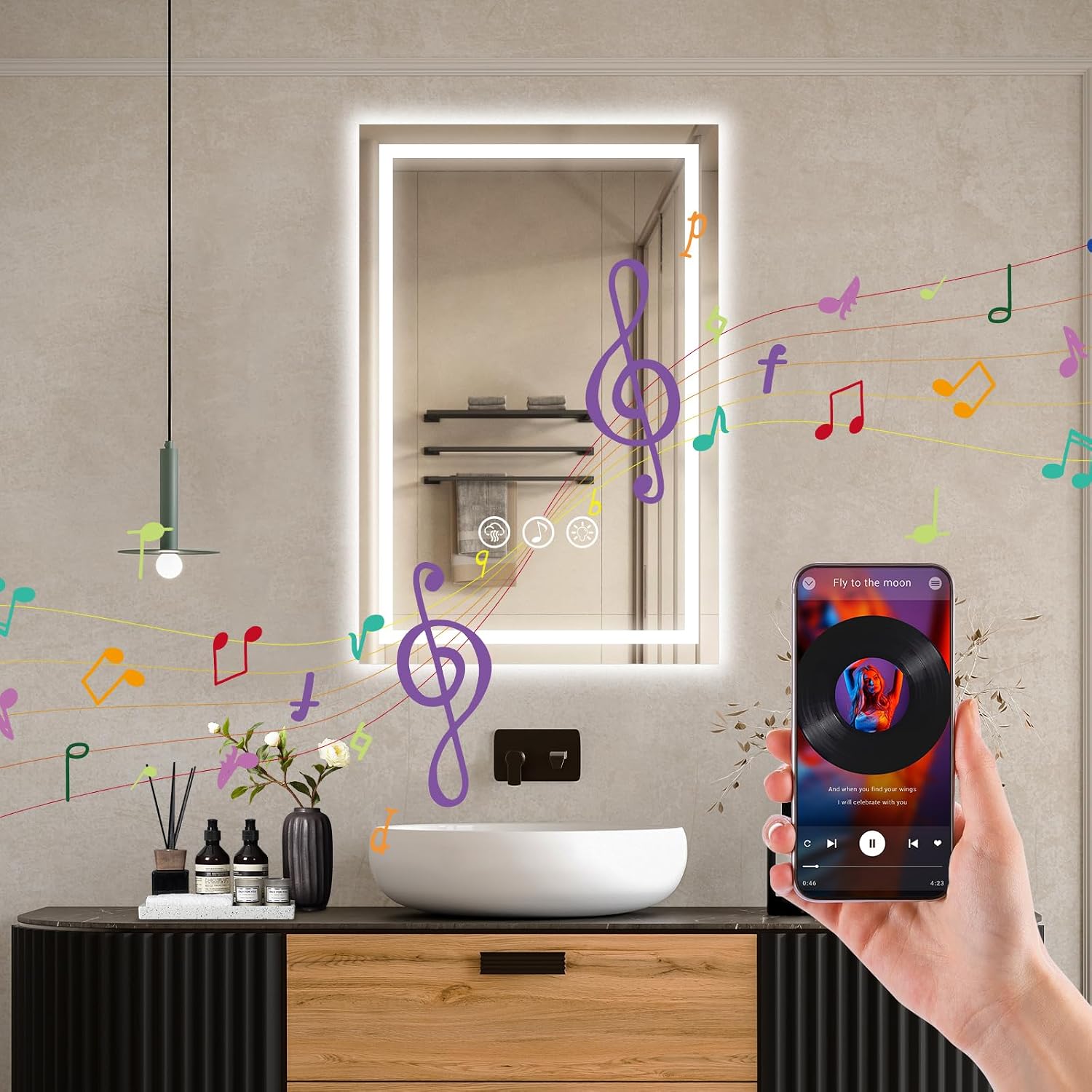 Ratsamee Bluetooth Espejo Baño con Luz 40x60cm, Espejos de Baño con LED con Antivaho, Regulable, 3 Colores Luz, Función Memoria