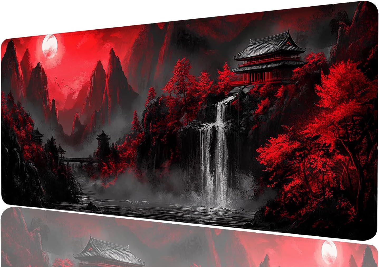 Japanese Landscape Mouse Pad Mountain Waterfall Red Black Mousepad XL Large Gaming Mouse Pad Laptop Keyboard Mat Desk Pad Office Computer Keyboard Laptop Home, 31.5x11.8 Inch