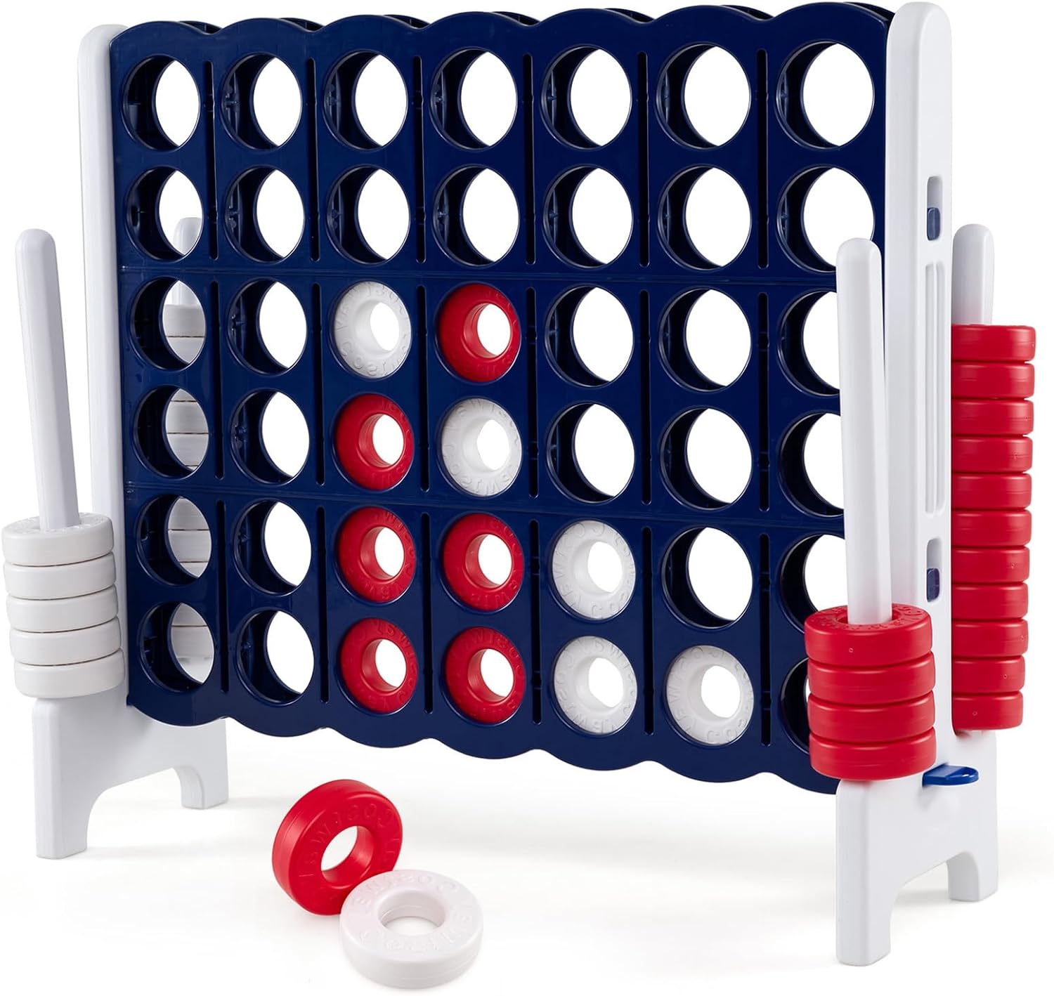 KOTEK Giant 4-in-a-Row Game, 3.5 Feet Tall Jumbo 4-to-Score Family Fun Game with Quick-Release Sliders & 42 Large Rings, Oversized Connect Plastic Yard Game Outdoor for Kids & Adults(Royal Blue+White)