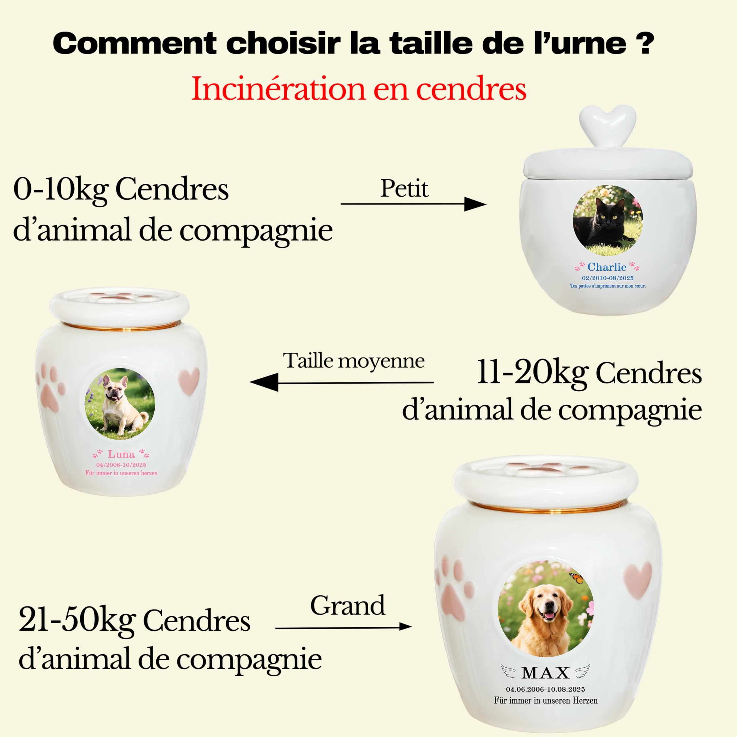 Urne personnalisée pour animaux de compagnie, urne à cendres de chien, urne pour chat, boîte à souvenirs en céramique, personnalisation faite à la main (Cendres de grande taille ≤ 50 kg (pas d’os))