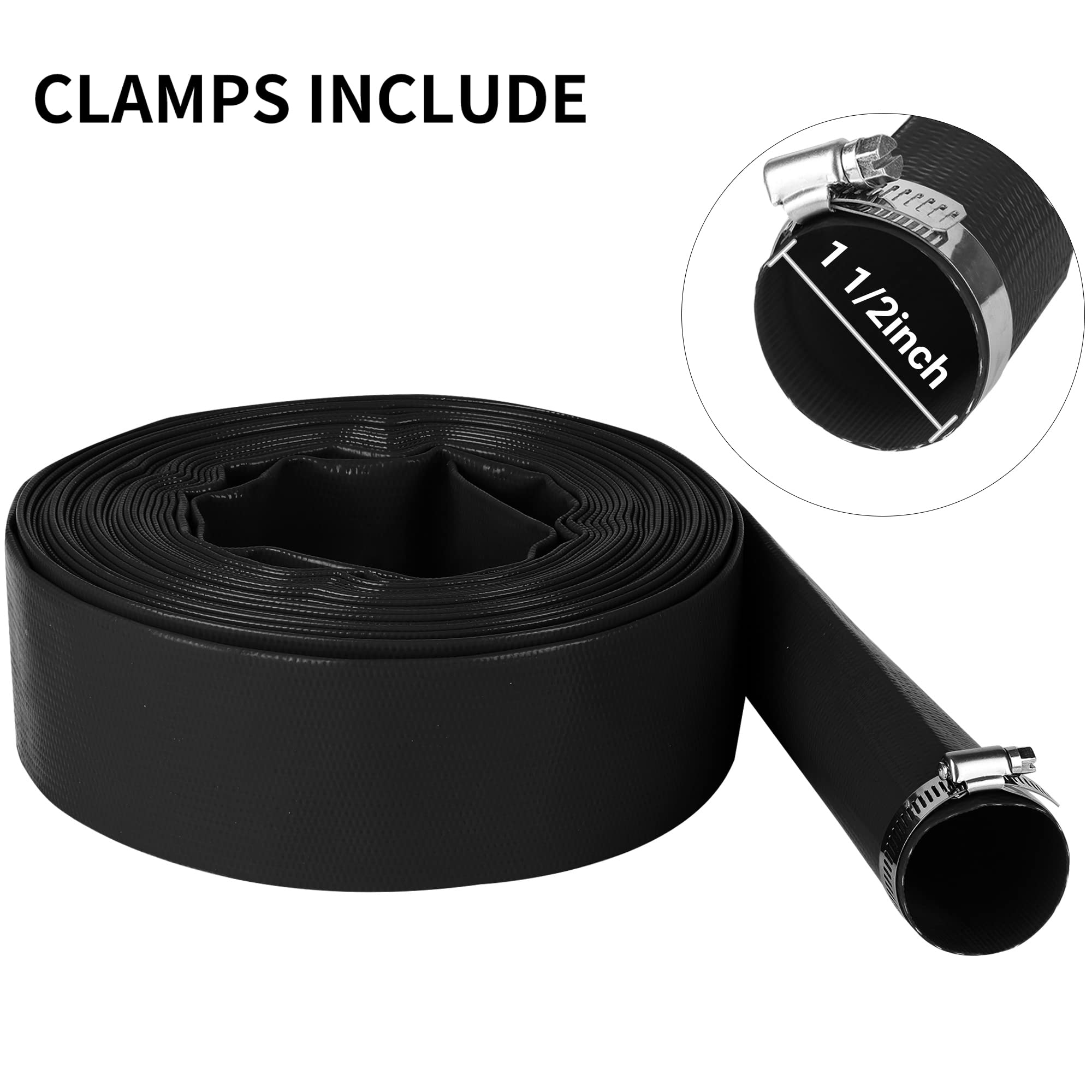 Manguera de lavado de piscina de 1-1/2 x 100 pies, manguera de descarga de agua plana de PVC reforzada resistente para bomba de filtro de piscina, con 1 abrazadera