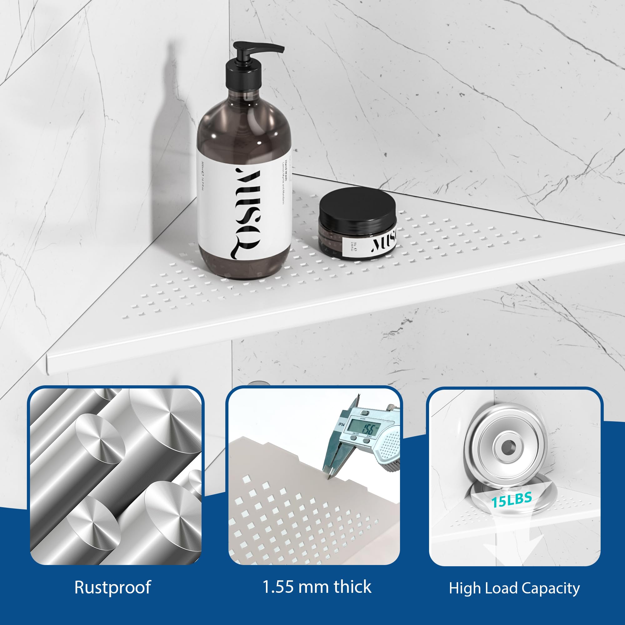 Neodrain Mensola Doccia Angolare In Acciaio Inox 304, Bianco, 2 Pezzi, 254x254 Mm, Senza Fori, Portata 10 Kg