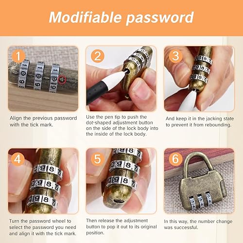 Miniatura 7 de Cerradura antigua de bronce antiguo con combinación de candado pequeño candado de combinación para bolsos de mano antirrobo de latón cerraduras de