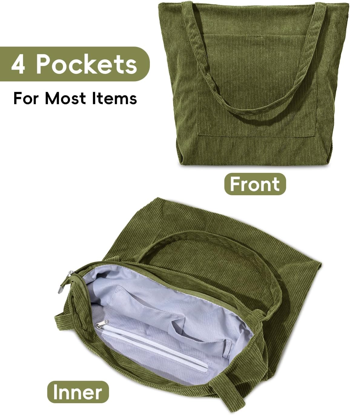 Iioscre Corduroy Tote Bag for Women,Hobo HandBags with Zipper,Large Capacity Casual Shoulder Handbags with Inner Pockets - Image 5