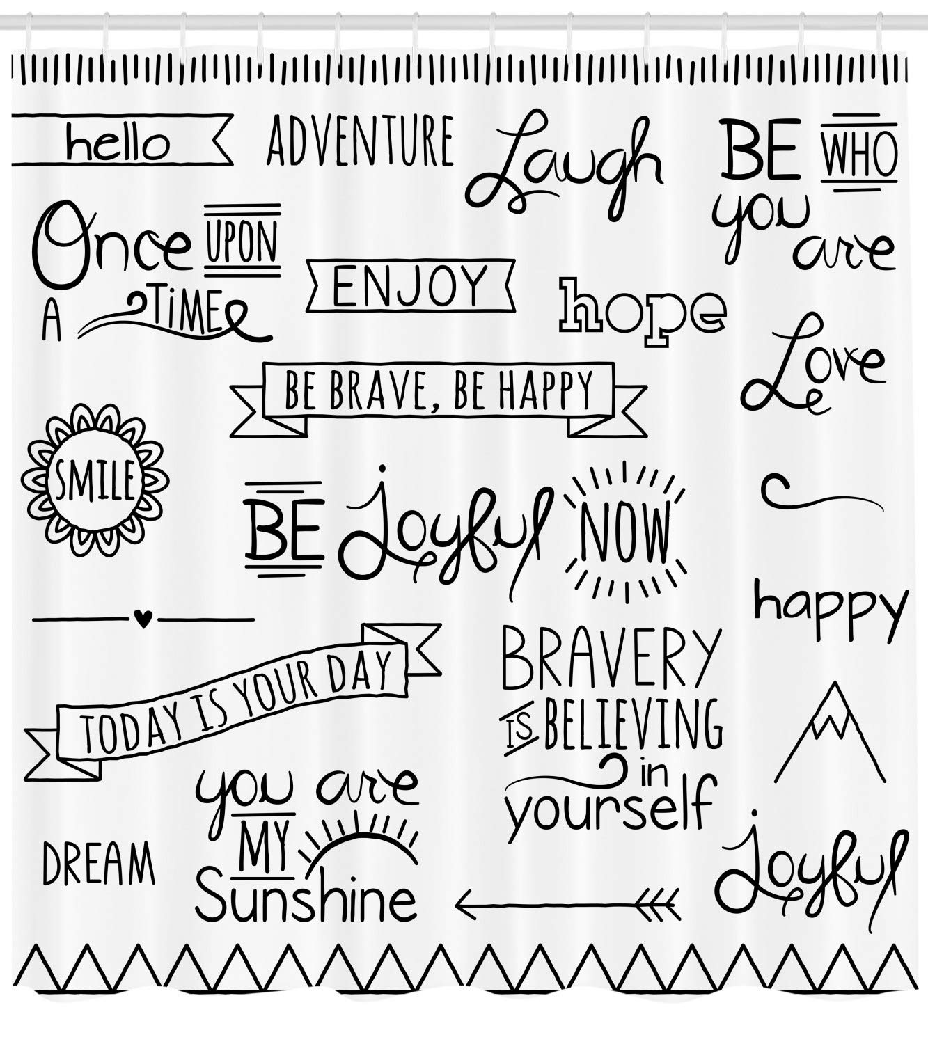 Ambesonne Adventure Shower Curtain, Wordings on Happiness with Monochrome Lettering Phrases on Plain Backdrop Print, Cloth Fabric Bathroom Decor Set with Hooks, 69