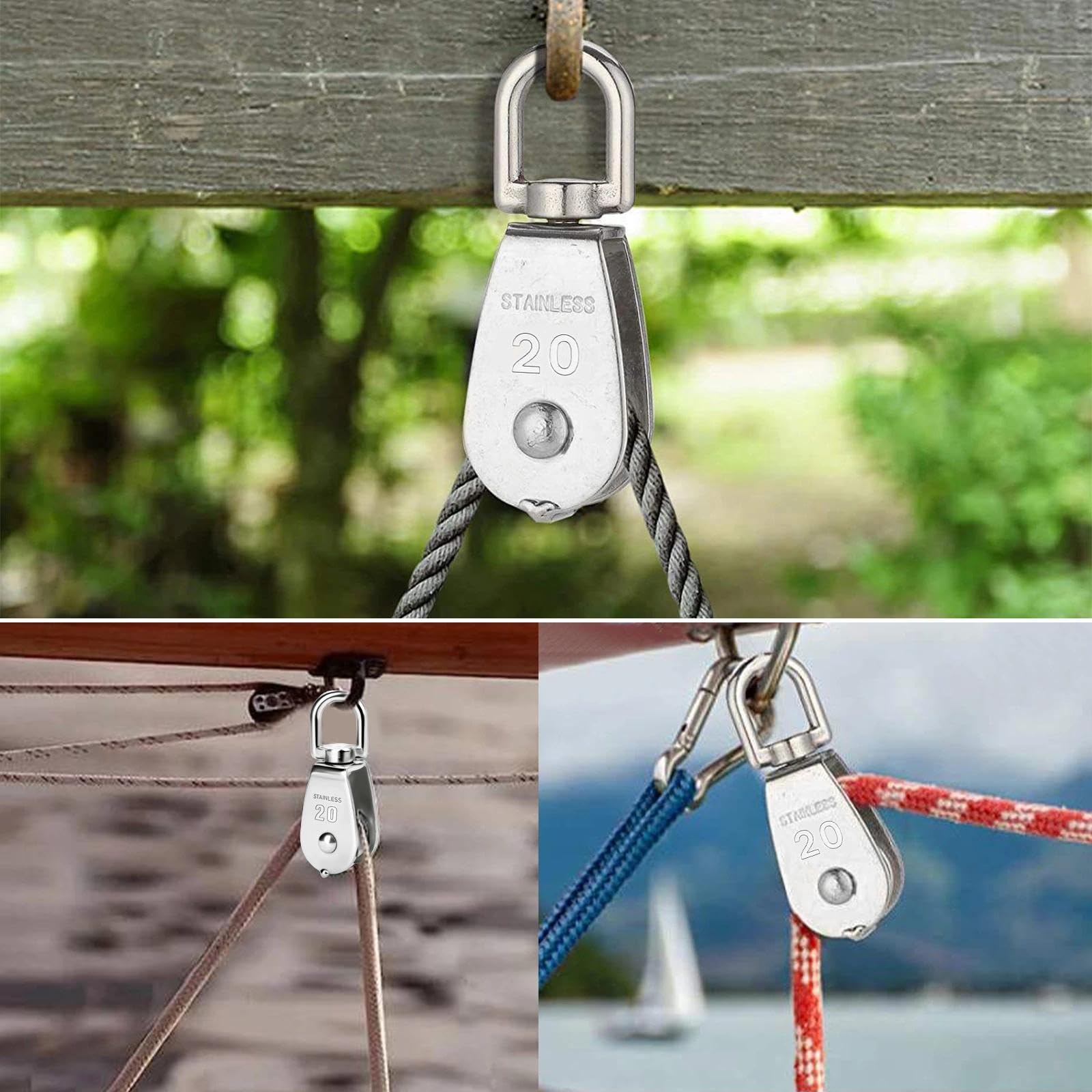 4 Piezas M20 Poleas de Bloque con 4 Piezas Mosquetones M6 Poleas para Cables de Acero Inoxidable Rotación 360° Poleas Fijas -Carga 75kg, para Cuerdas Uso Interior y Exterior