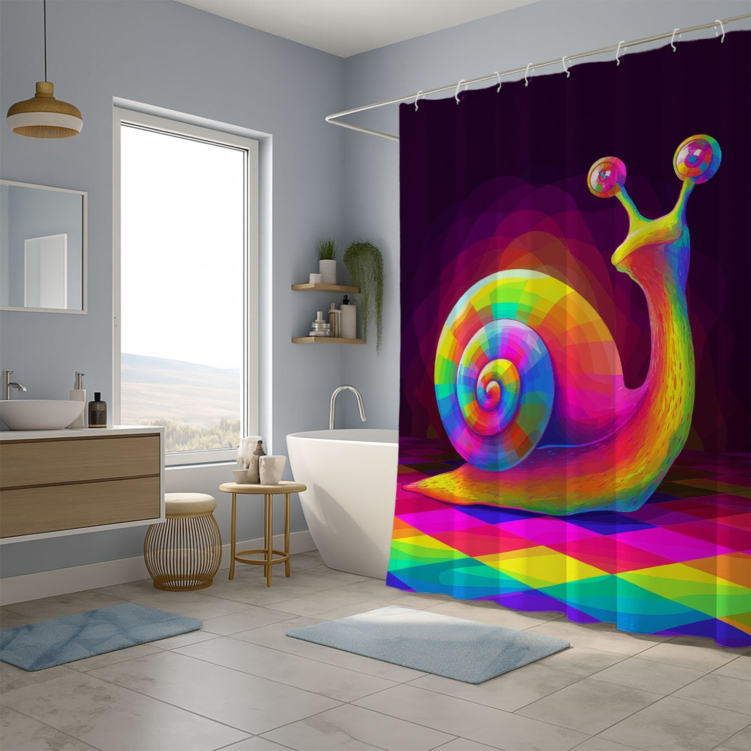 Generico Fantasia Tenda Da Doccia Vivace Carino Lumaca Multicolore, Tenda Da Doccia Per Bagno, Vasca Da Bagno, Tenda In Poliestere Impermeabile Con Ganci In Plastica, 180 x 200 cm