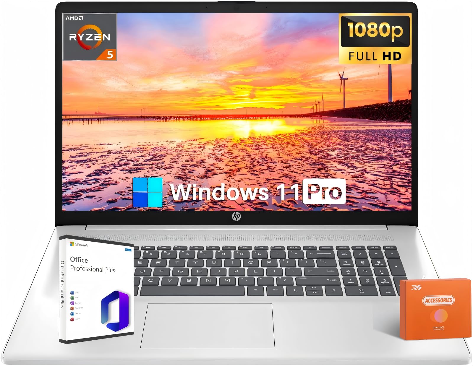 HP 17 inch Laptop Computer, with Lifetime Office, 17.3 IPS FHD Business PC, AMD Ryzen 5 7430U(Up to 4.30 GHz, 6 Core), AMD Radeon Graphics, 64 GB RAM,