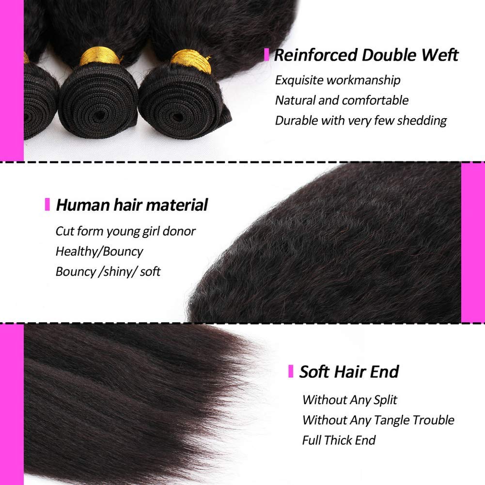 Kinky Straight Hair 3 Bundles Yaki Human Hair 8A Unprocessed Brazilian Virgin Remy Hair Weave Natural Black (12"12"12")