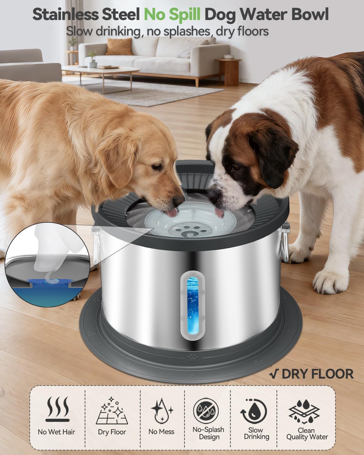 UPSKY 14L No Spill Dog Water Bowl, Stainless Steel Spill Proof Dog Bowl with Water Window, Dual-Suction Anti-Slip Large Capacity Slow Drinking Bowl with Floating Disk for Large Dogs & Messy Drinkers
