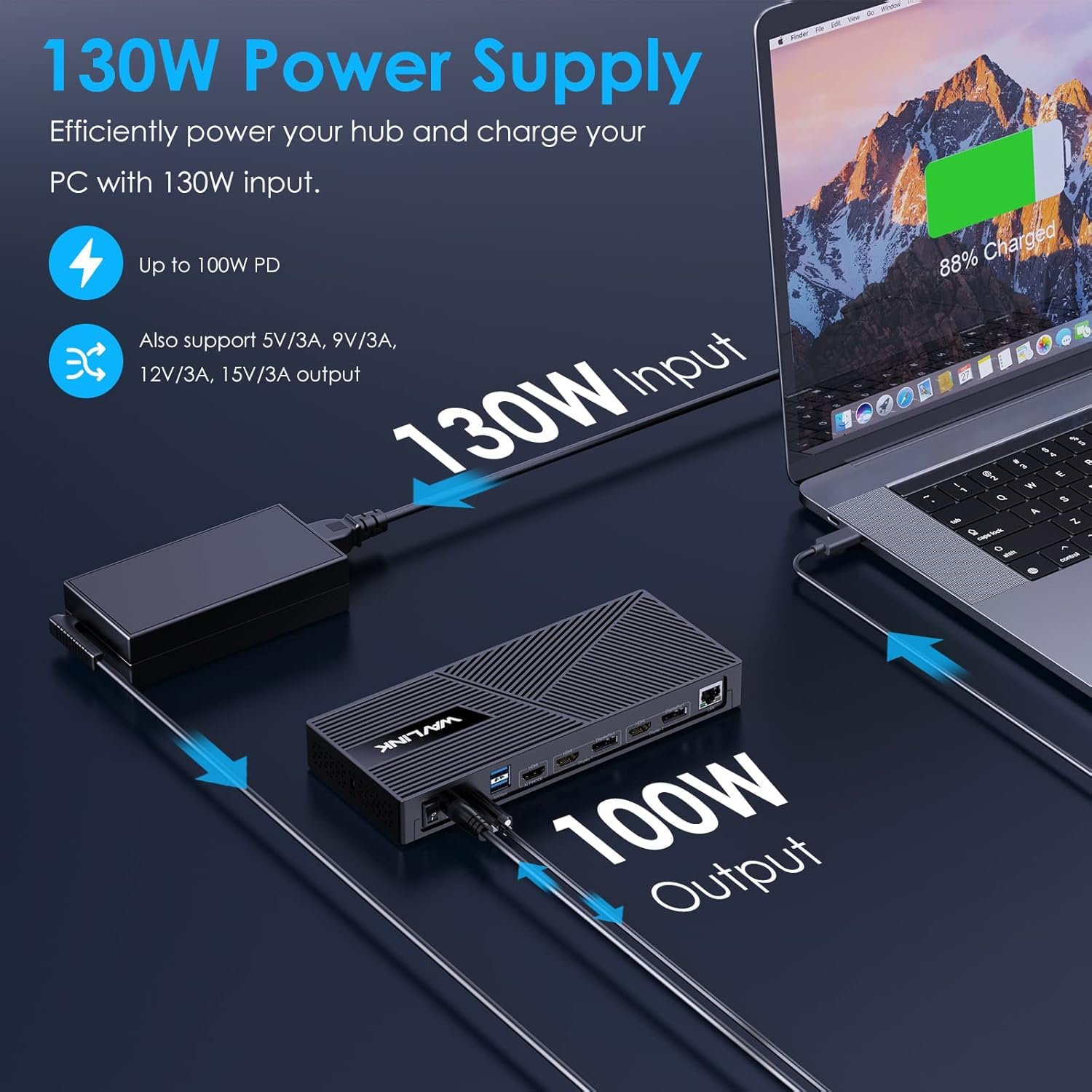 WAVLINK Station d'accueil triple Displaylink avec 100 W PD, station d'accueil 15 en 1 USB-C pour ordinateur portable, compatible avec MacBook Neo, Dell, Asus, 1 port HDMI 4K, 2 HDMI et DP, 2 USB-C, 4