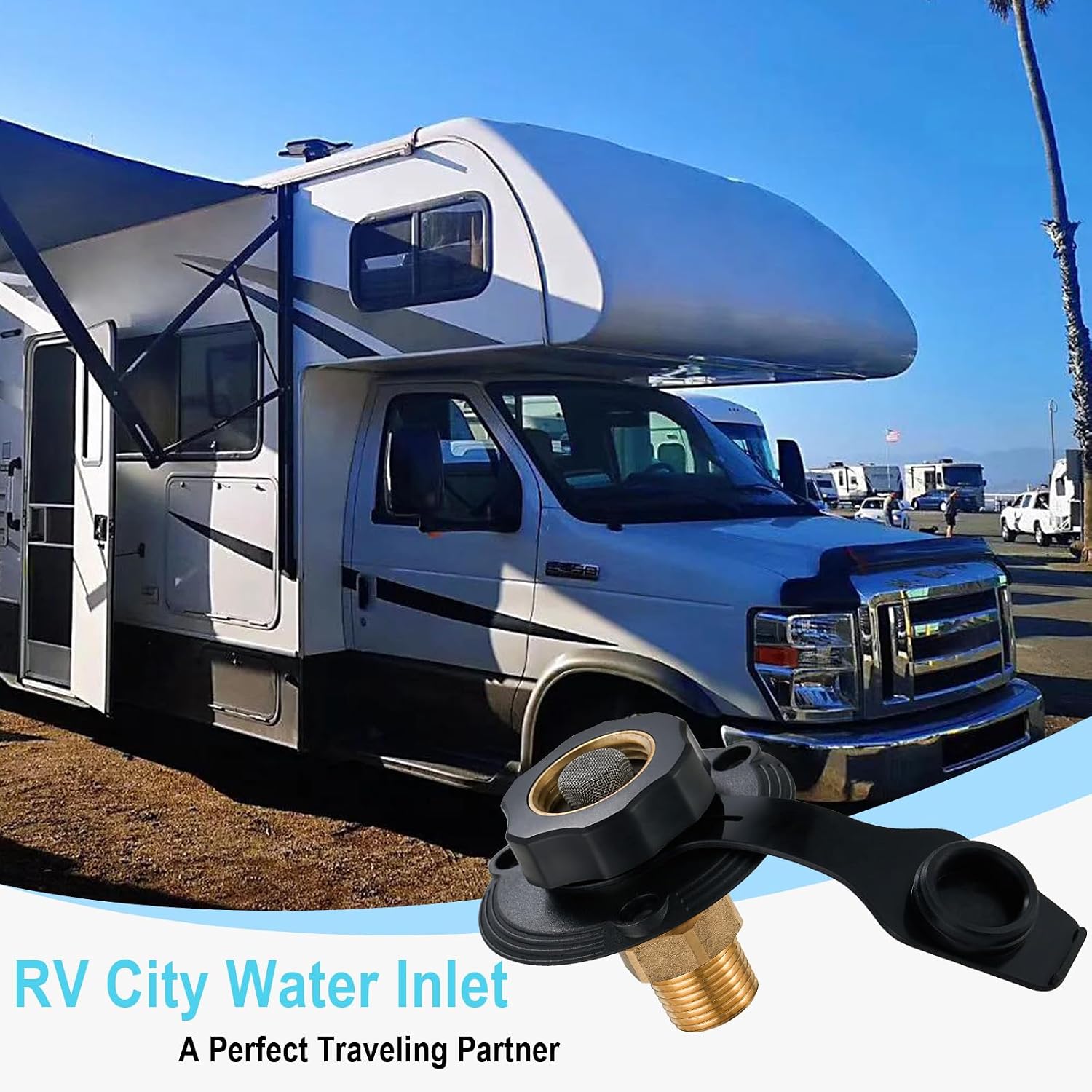 TOPSHINE RV Water Fill Inlet with Check Valve, 3/4 NH Female to 1/2 NPT Male Lead-free Brass, City Water Inlet Flange for RV Camper Motorhome Trailer Marine, Black, Small