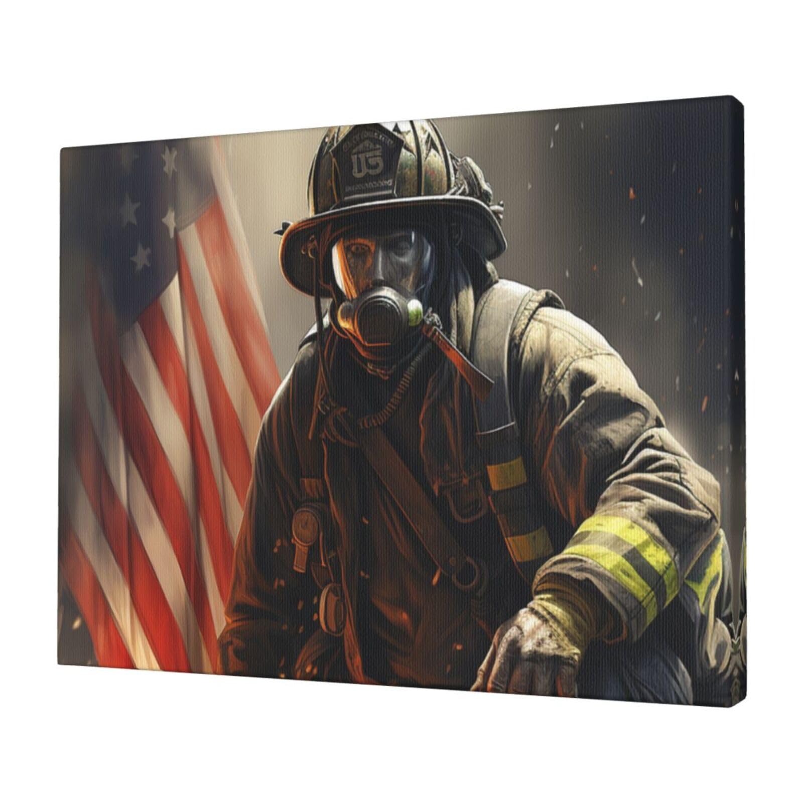 FodPand Canvas Wall Art for Living Room Wall Decor 12"x16" Modern Artwork Painting Pictures Hanging Canvas Prints Patriotic Firefighter Aesthetic Wall Art for Bedroom Bathroom Office Wallart Decor