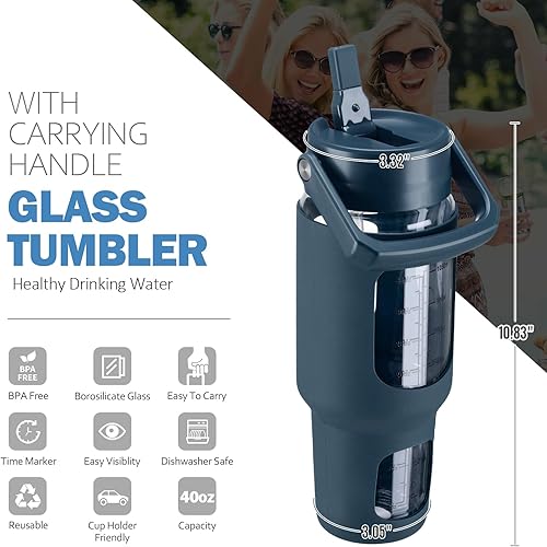 Miniatura 2 de kytffu Vaso de vidrio de 40 onzas con popote y tapa, taza de café helado reutilizable con asa y funda de silicona, botellas motivacionales con