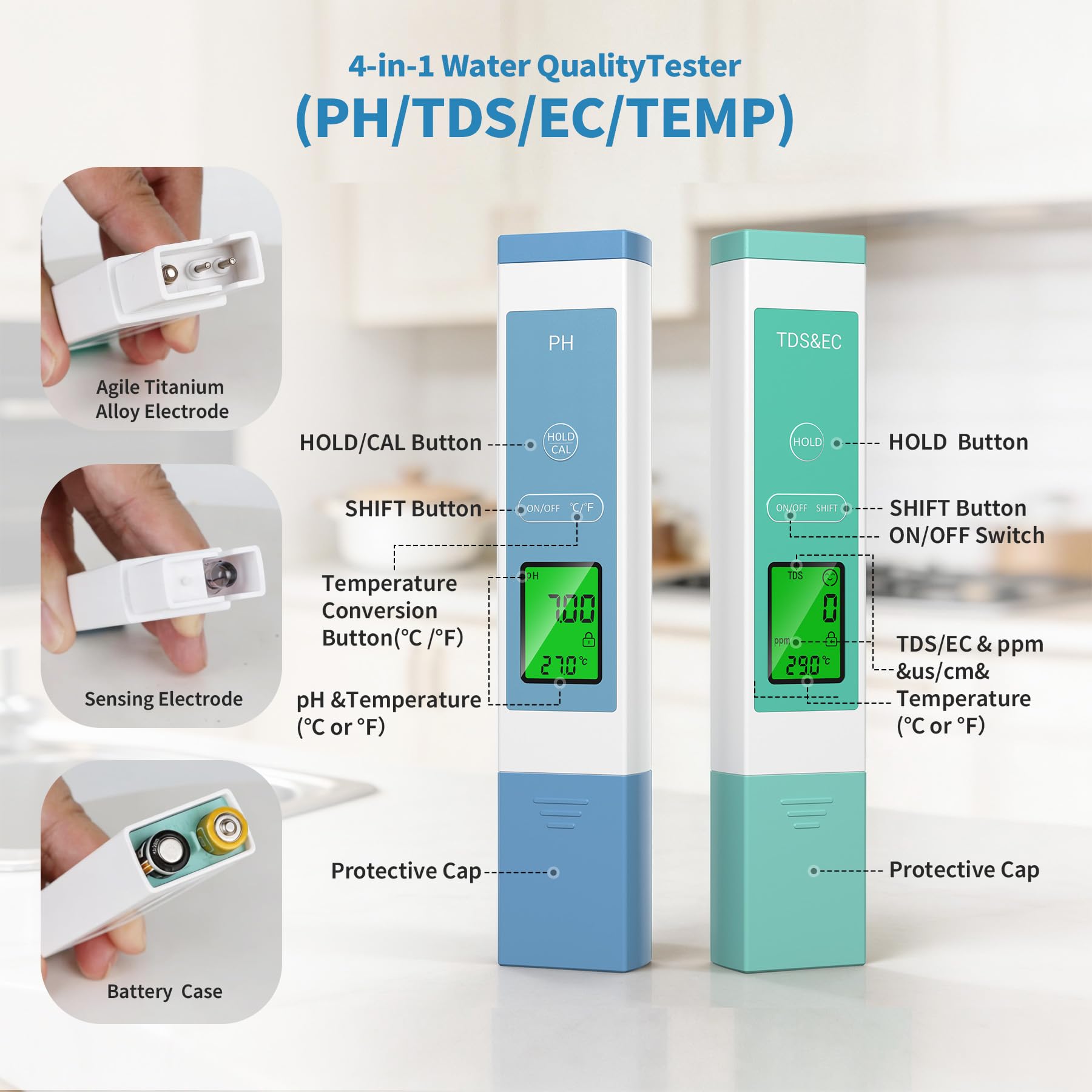 Forever Speed Medidor de pH Agua 4 en 1 pH Meter pH/TDS/EC/Temperatura para Piscina SPA Acuario