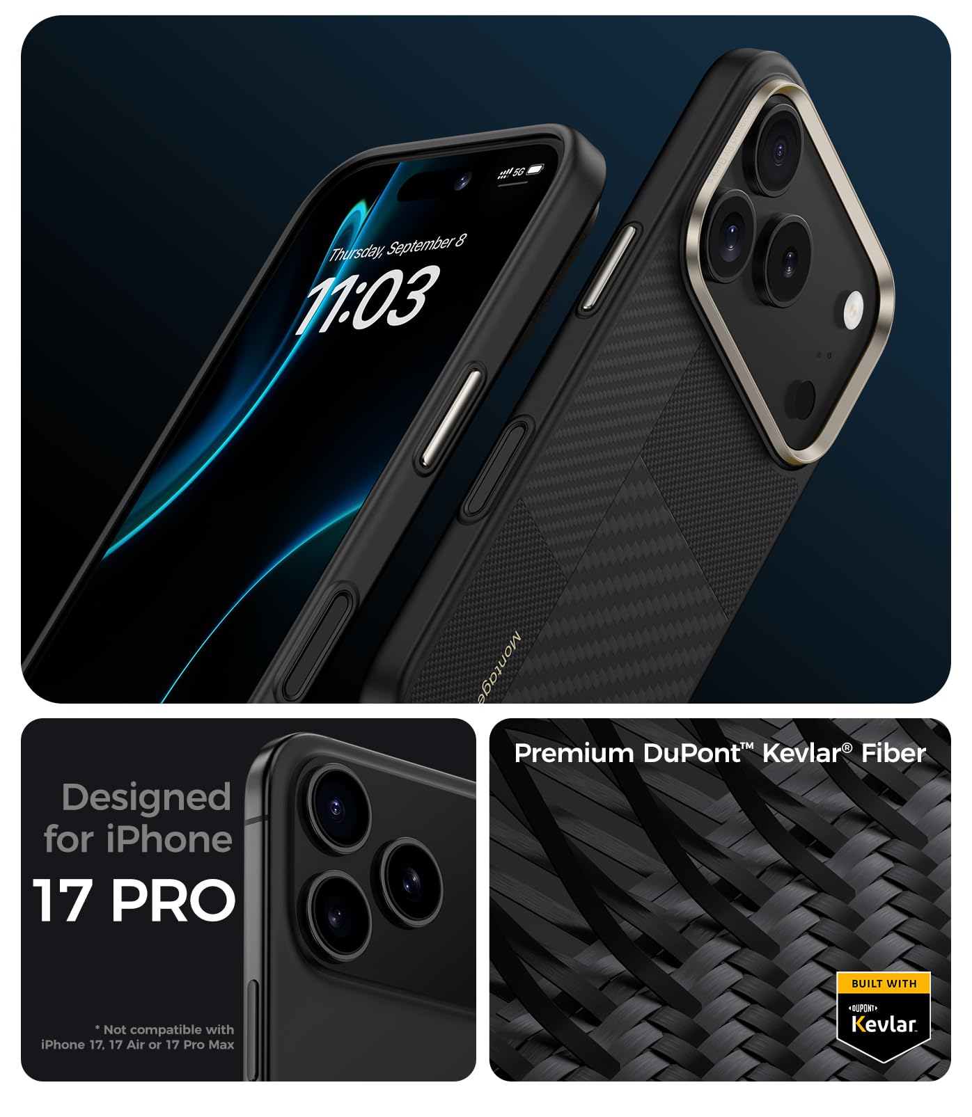 BENKS ArmorPro Montage Cover per iPhone 17 Pro Custodia per Controllo della Fotocamera, Compatibile con MagSafe, Protezione Antiurto di livello Militare, Kevlar 600D+1500D Fibra Aramidica e TPU