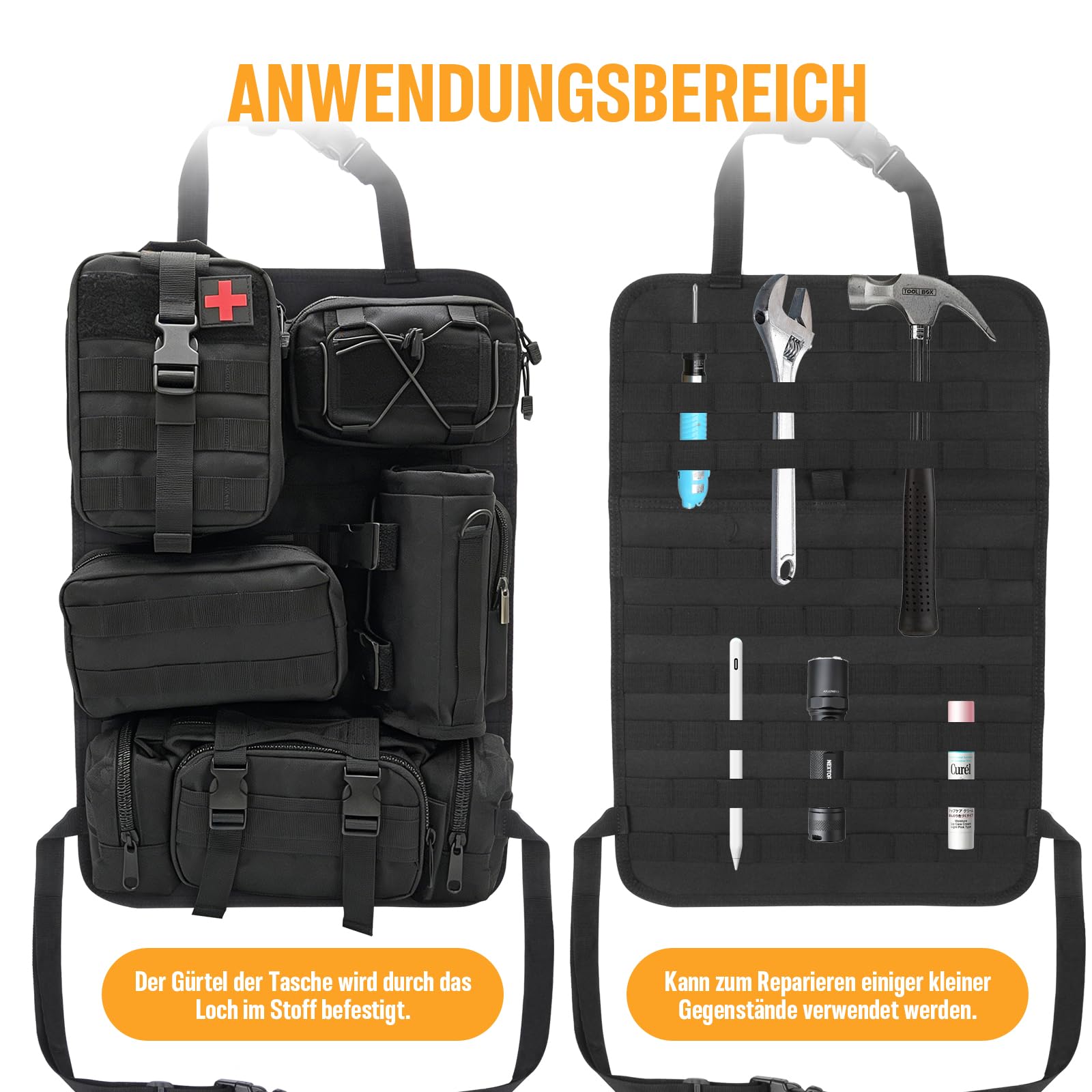 Taktischer Fahrzeug-Sitzlehnen-Organizer mit Sanitätstasche, Wasserflaschentasche und Admin-Panel-Aufbewahrungstaschen