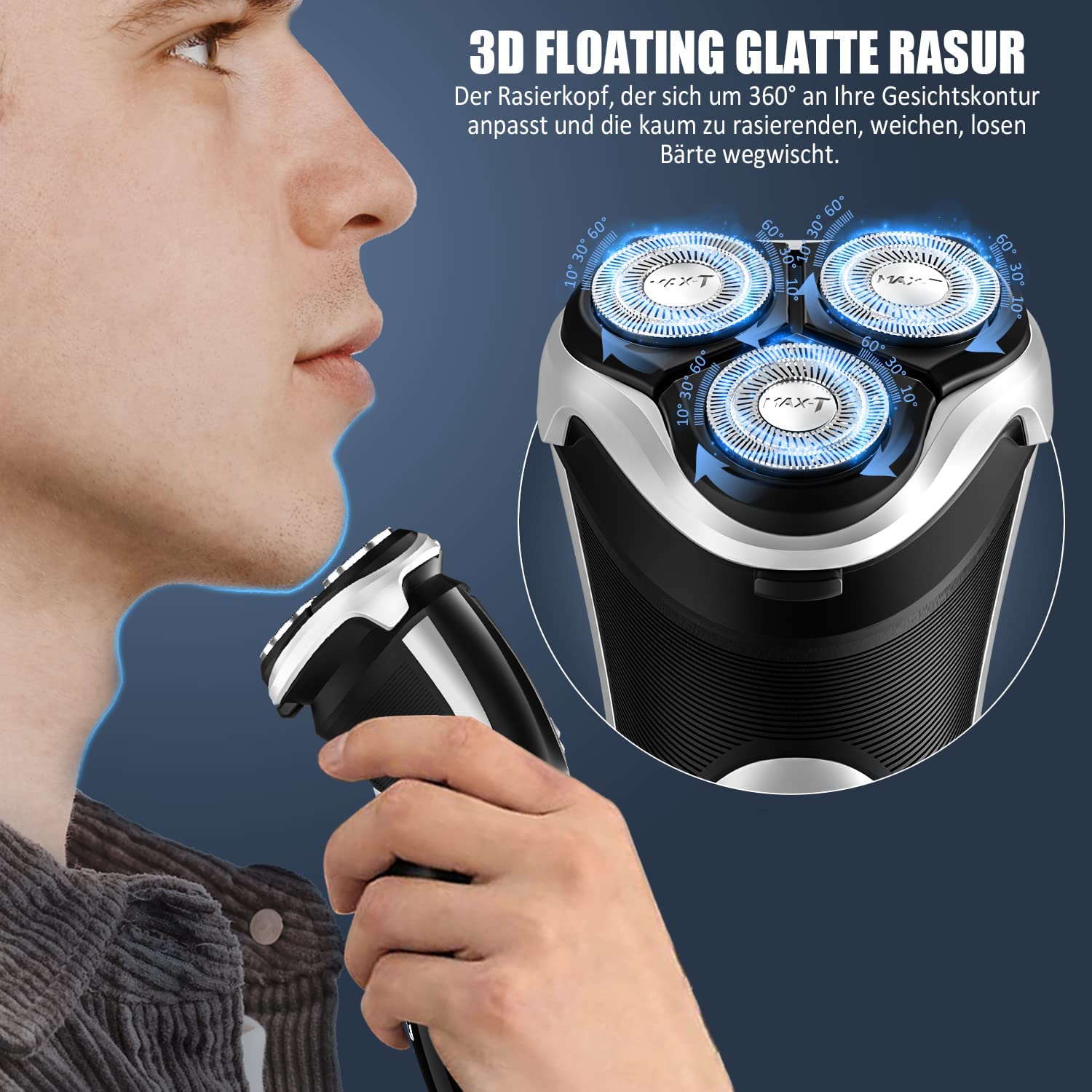 MAX-T Upgraded 3D ProSkin LED Rasierer Herren Elektrischer, Nass und Trockenrasierer mit Reiseverriegelung und Pop-up Präzisionstrimmer, Wiederaufladbarer und Kabelloser, Geschenke für Herren, Schwarz