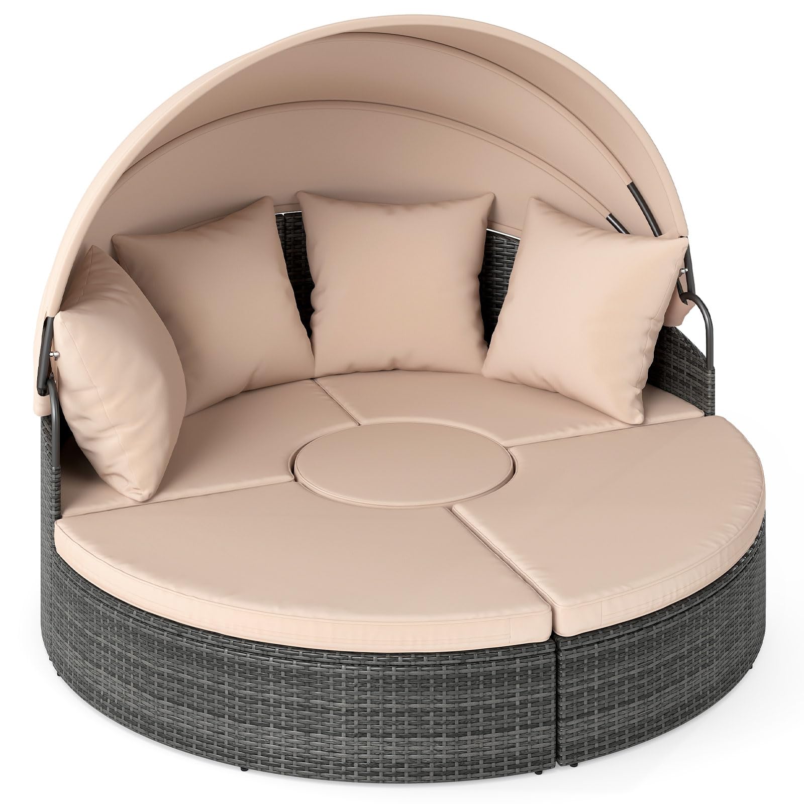 COSTWAY Cama Balinesa Exterior Jardin, Redondo con Dosel Retráctil, Tumbona Isla de Ratán, Cojines Suaves, Conjunto Jardin Terraza Balcon Piscina Exterior, 172 x 180 x 141 cm (Beige)
