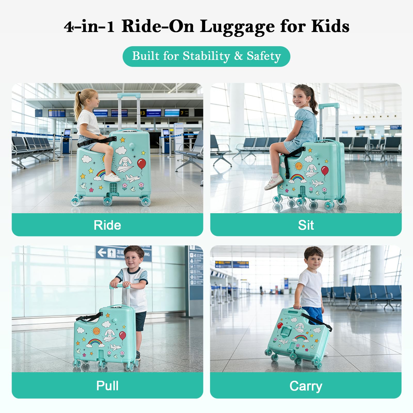 Valigia per bambini, bagaglio rigido per bambini con cintura, pedale pieghevole e maniglie anteriori, portabicchieri nascosto, serratura TSA, 6 ruote girevoli, valigia da viaggio per bambini