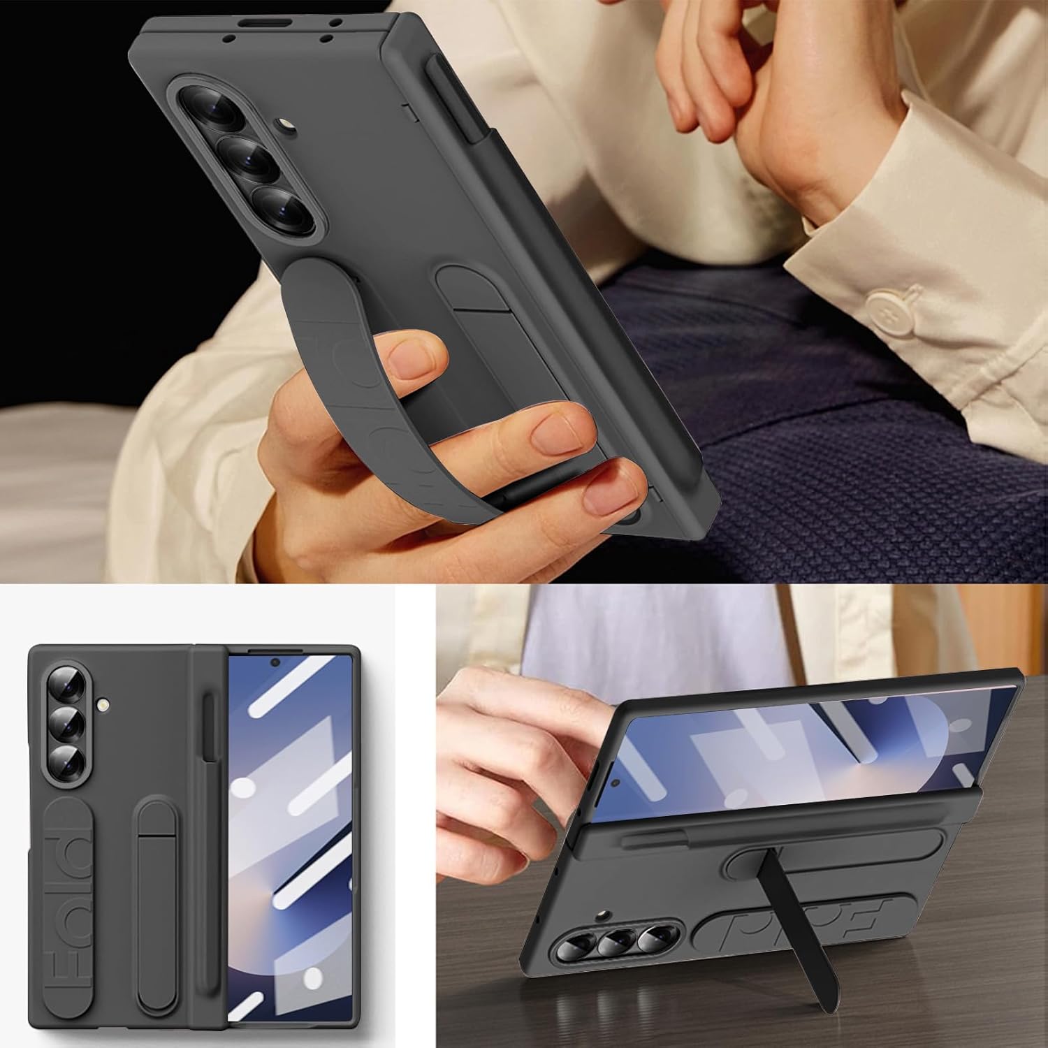 for Samsung Galaxy Z Fold 7 Case with Finger Strap Built-in S-Pen Slot & Pen Full Hinge Coverage Protection Screen Protector Cover for Samsung Galaxy Fold 7 (Black)