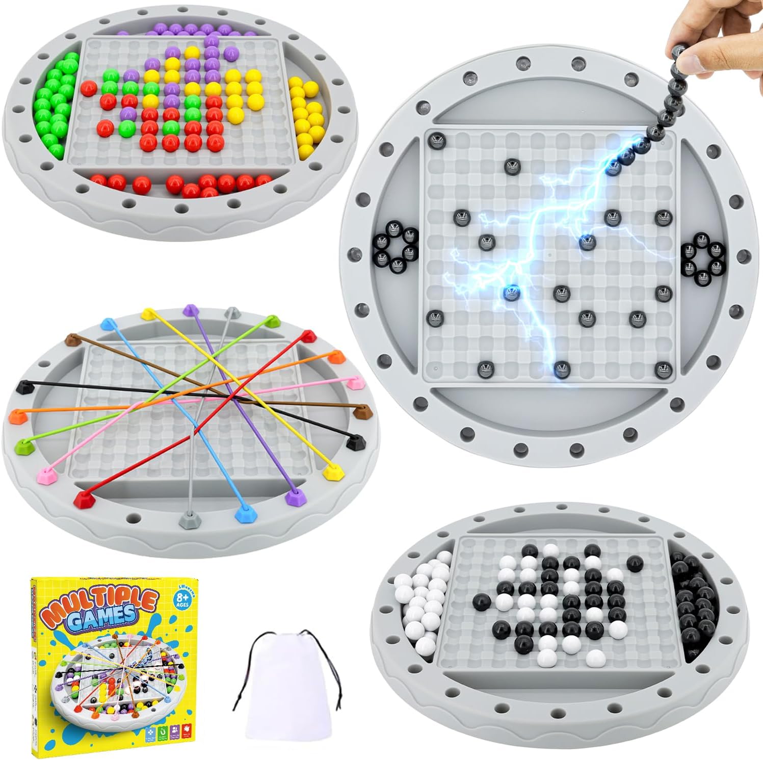 4 in 1 Board Games Set, Magnetic Chess, Rope Untangling Puzzle Game, Go Game, Rainbow Bead Elimination, Classic Strategy Travel Games for Kids, Family Night, Ages 8+, 2-4 Players