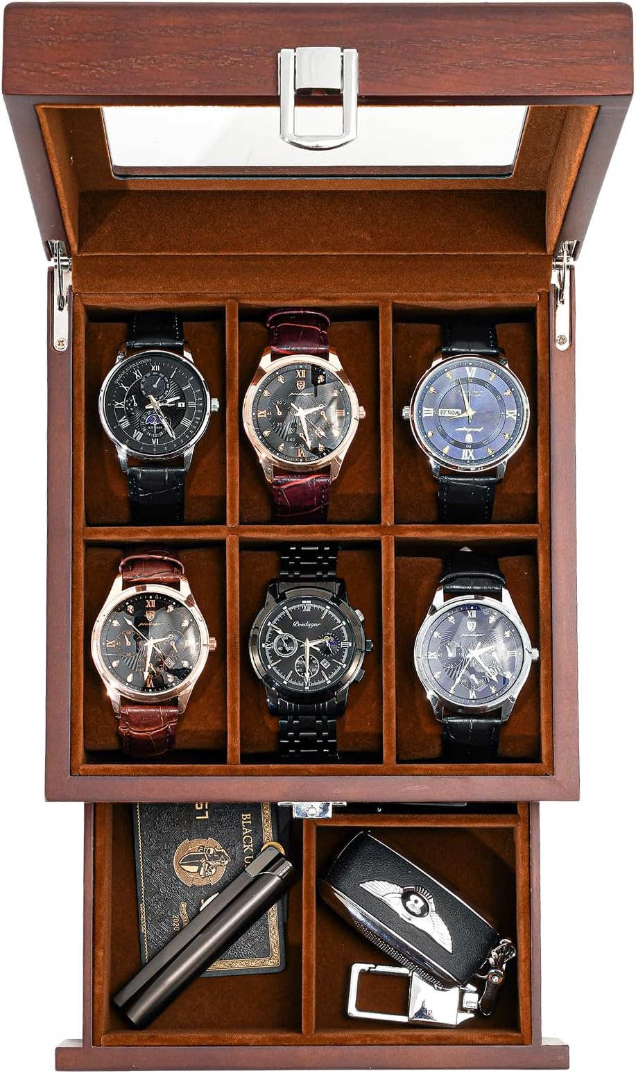 ProCase 6 Slots Lacquered Finish Wooden Watch Box for Men, Men’s Watch Organizer with Glass Top, 2-Tier Display Case for Wristwatch Storage -Espresso